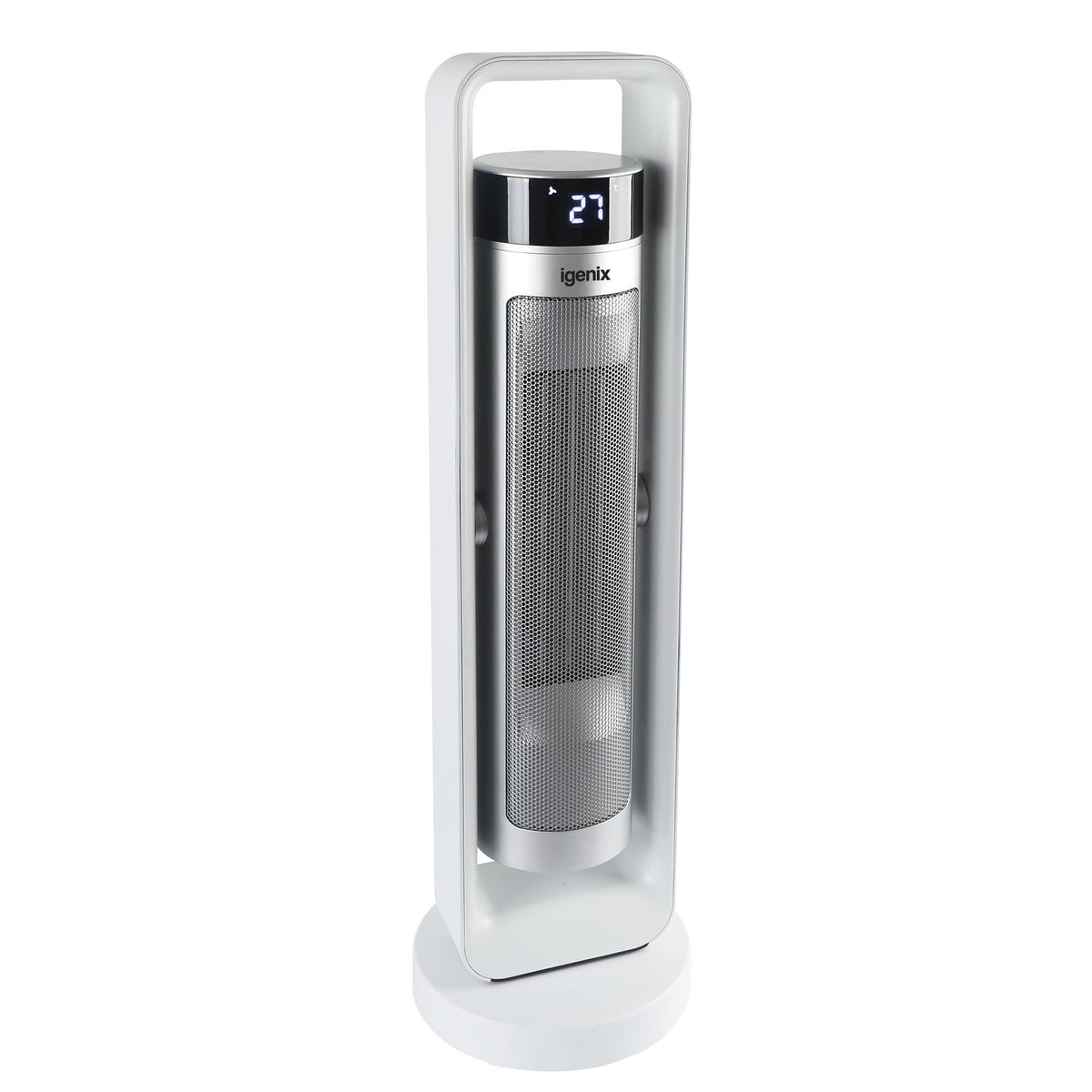 White Igenix 2200W Bi-Directional Tower Fan Heater with a silver cylindrical heating element and a digital temperature display on a circular base.