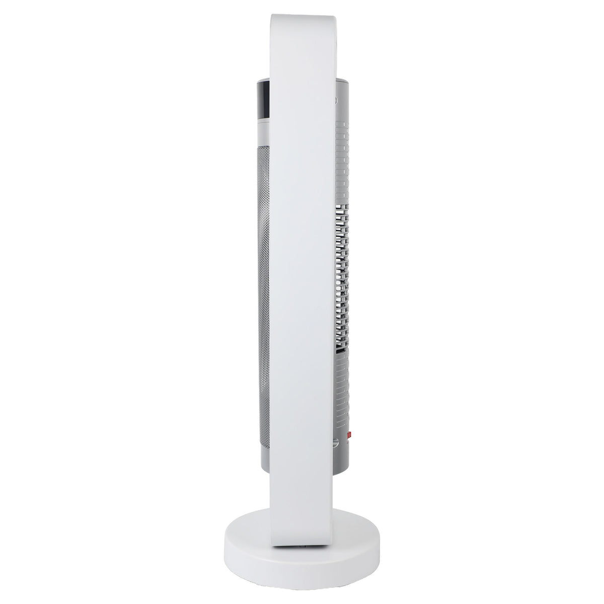 Side view of a white Igenix 2200W Bi-Directional Tower Fan Heater with a circular base and metallic grilles.