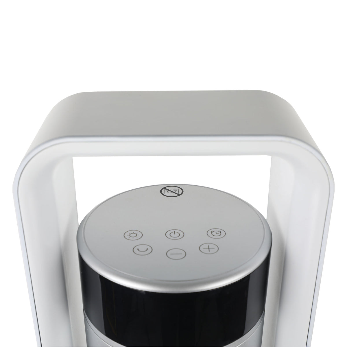 Close-up of the top control panel on a white Igenix 2200W Bi-Directional Tower Fan Heater, showing touch-sensitive icons for power, settings, and a timer.