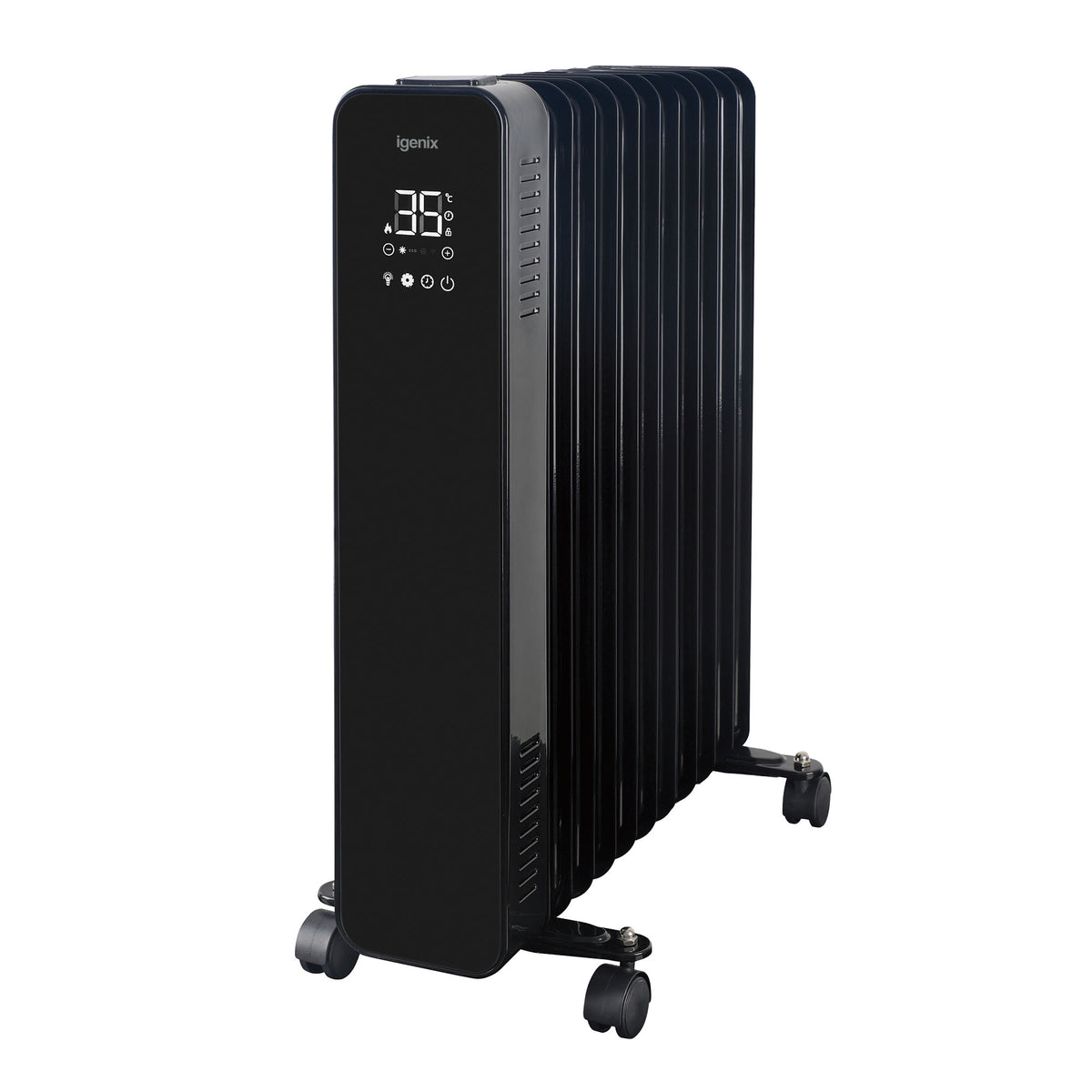 Igenix Smart Oil Filled Radiator, 2500W, 11 Fin, Portable Electric Heater, White, featuring a digital control panel, caster wheels, and remote controlled functionality.