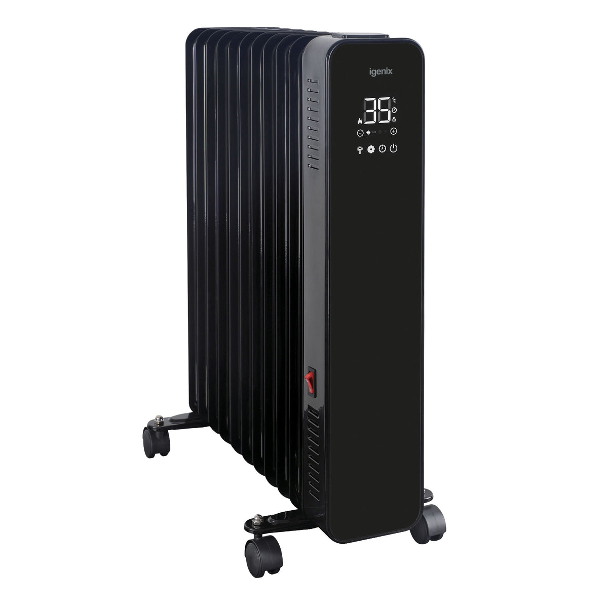 White Igenix Smart Oil Filled Radiator, 2500W, 11 Fin, Portable Electric Heater, featuring an energy-efficient design with wheels and a digital display panel.