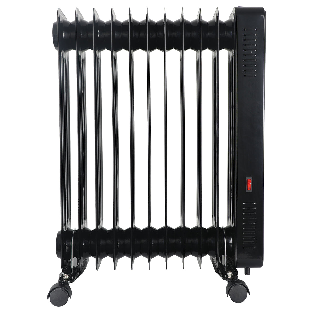 White Igenix Smart Oil Filled Radiator, 2500W, 11 Fin, Portable Electric Heater with eleven fins, a red power switch, and mounted on wheels.