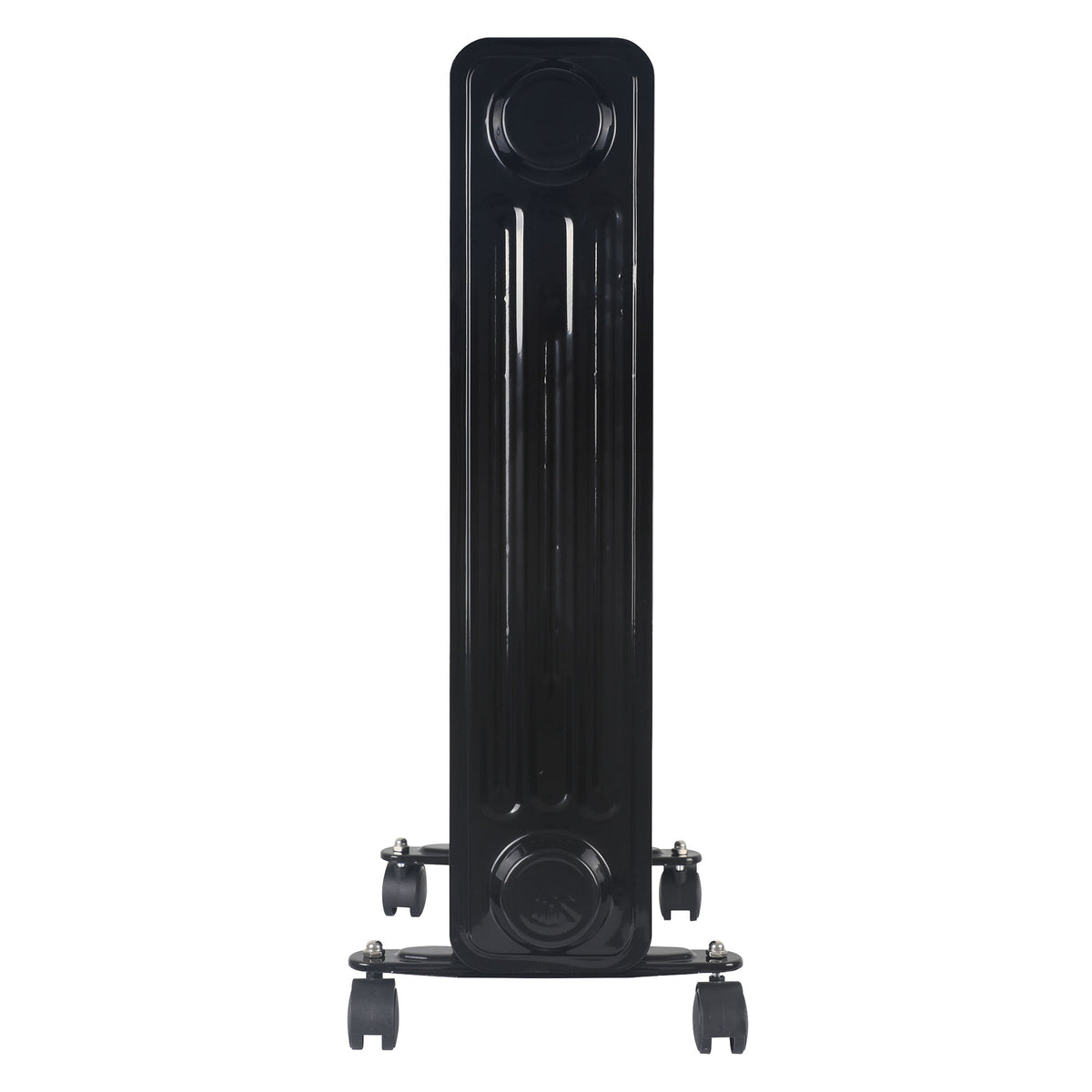 White Smart Oil Filled Radiator, 2500W, 11 Fin, Portable Electric Heater on wheels, viewed from the front.