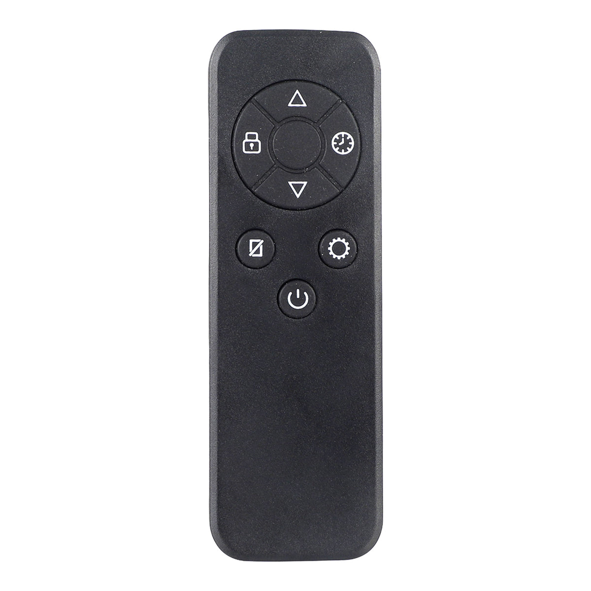 Black remote control for the Igenix Smart Oil Filled Radiator, 2500W, 11 Fin, Portable Electric Heater, White, featuring circular buttons for power, settings, a timer, a lock, and directional arrows.