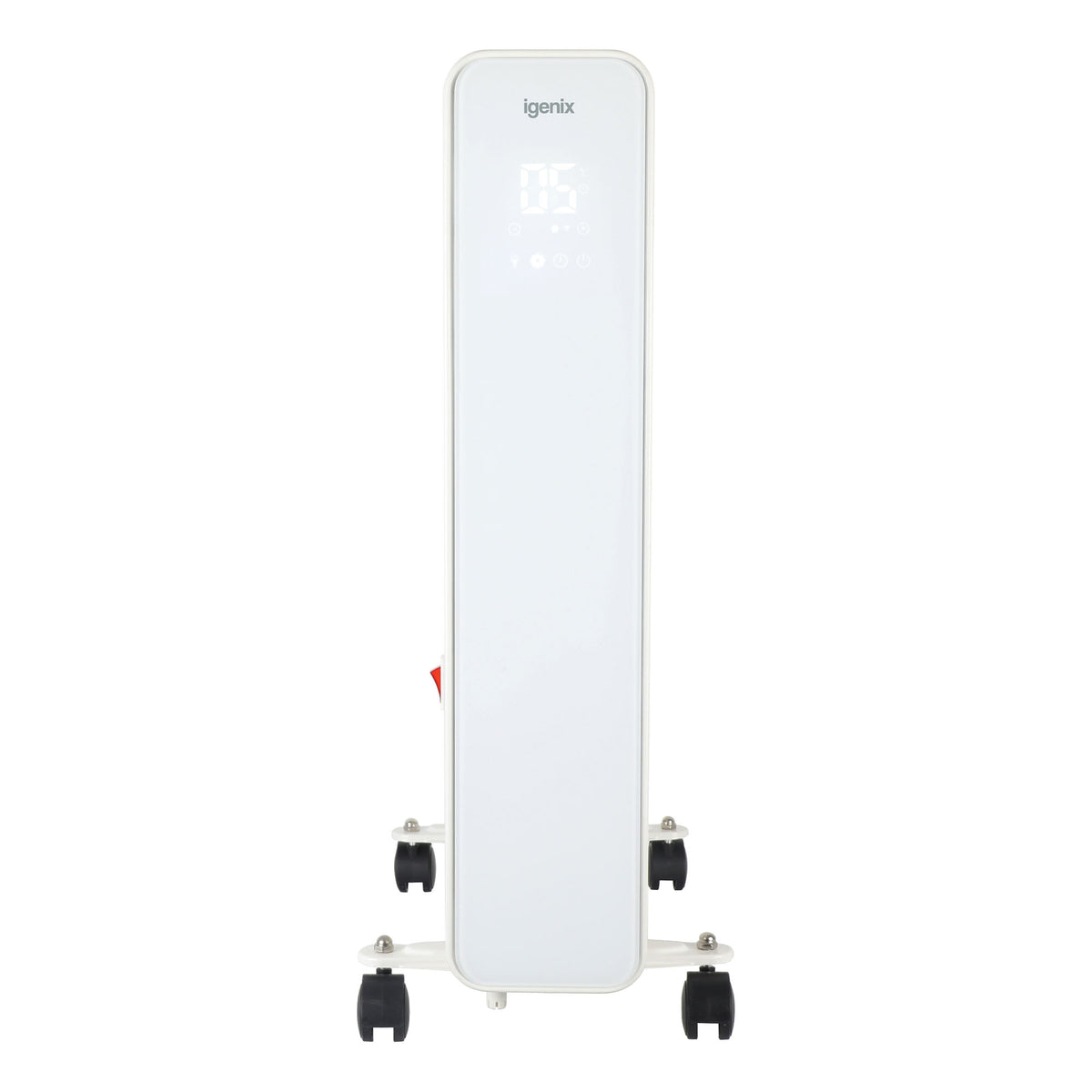 White Igenix Smart Oil Filled Radiator, 2500W, 11 Fin, Portable Electric Heater with four caster wheels, a digital display panel, and remote control functionality.
