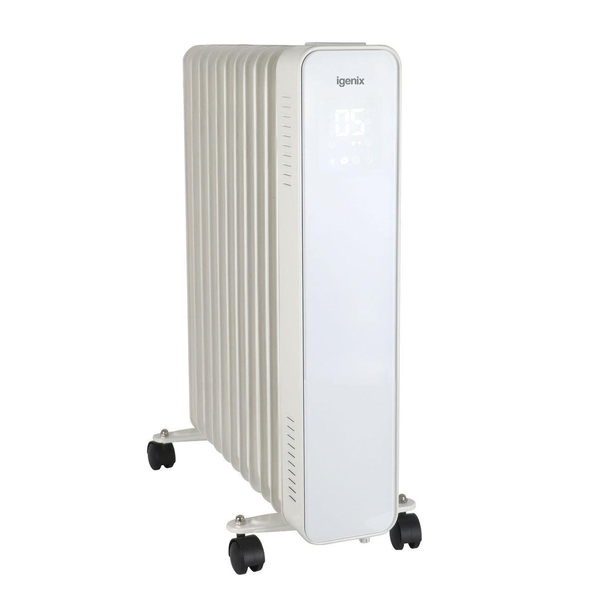 White Igenix Smart Oil Filled Radiator, 2500W, 11 Fin, Portable Electric Heater with a digital control panel, remote, and caster wheels.