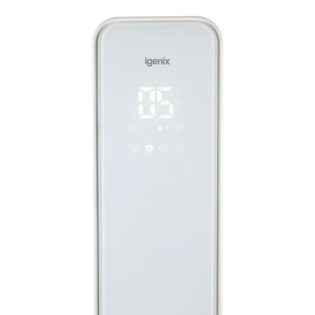 The control panel of an Igenix Smart Oil Filled Radiator, 2500W, 11 Fin, Portable Electric Heater, White, displaying a temperature of 5 degrees Celsius with touch-sensitive icon buttons.