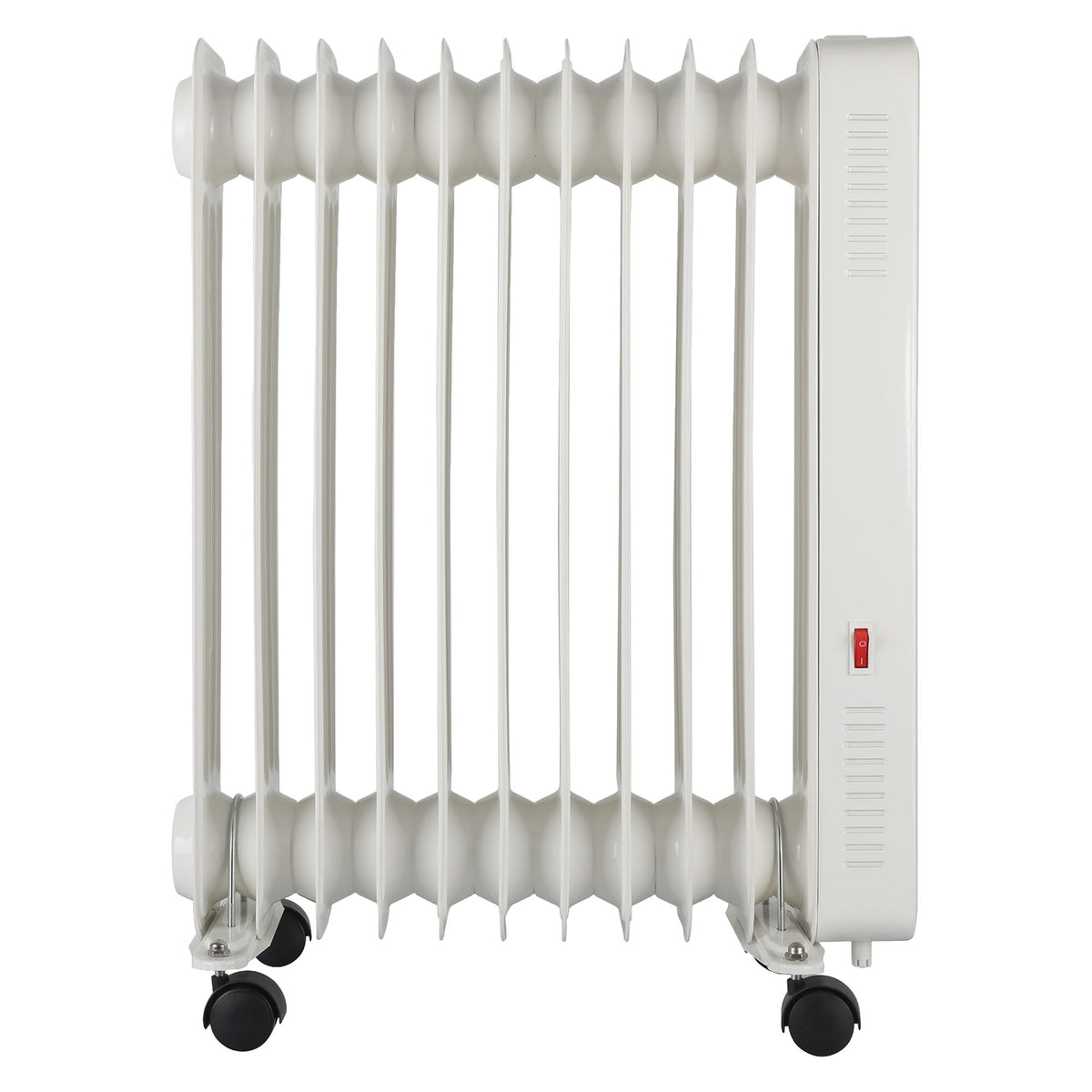 White Igenix Smart Oil Filled Radiator, 2500W, 11 Fin, Portable Electric Heater on casters with a red power switch on the side.