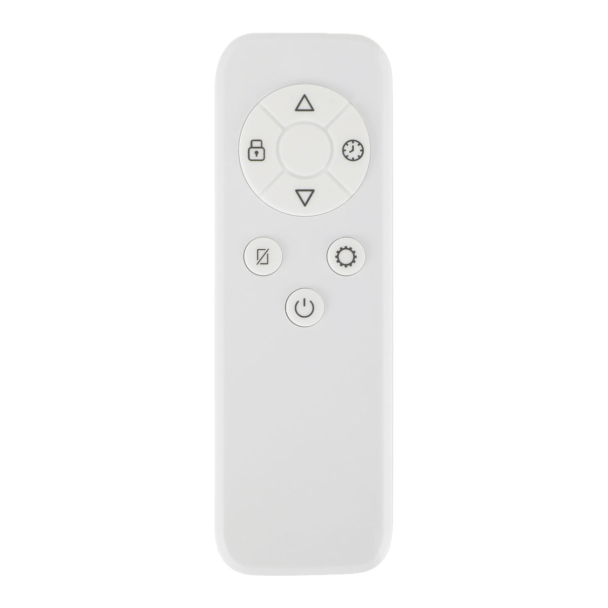 White rectangular remote control for the Igenix Smart Oil Filled Radiator, 2500W, 11 Fin, Portable Electric Heater, White, featuring a directional pad, a power button, and icons for a lock, timer, and settings.