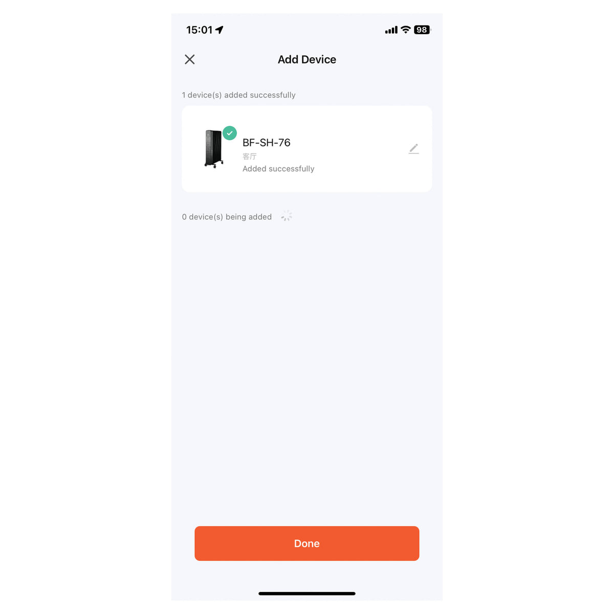 Mobile app screen showing an Igenix Smart Oil Filled Radiator, 2500W, 11 Fin, Portable Electric Heater, White successfully added to a device list, with a Done button at the bottom.