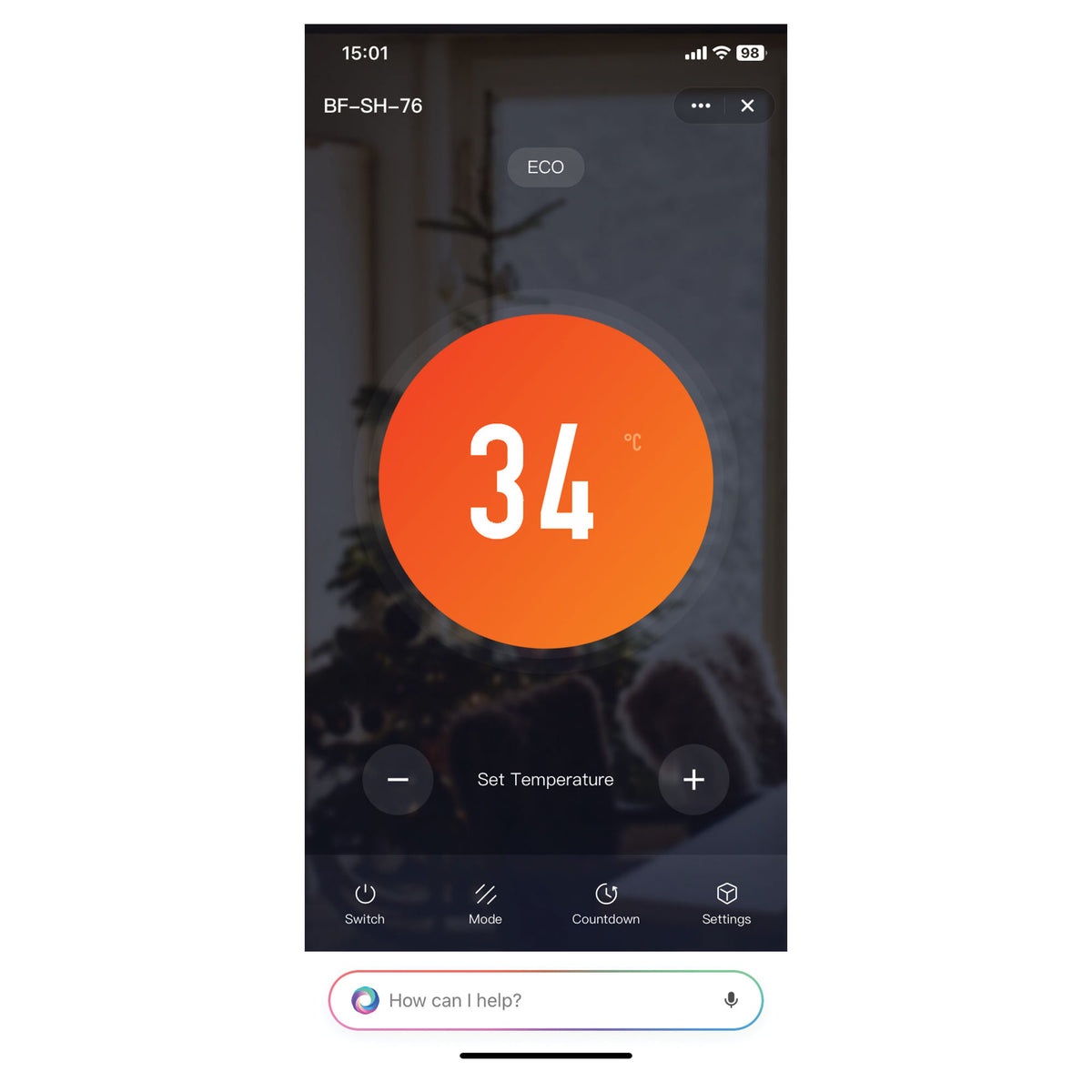 Igenix Smart Oil Filled Radiator, 2500W, 11 Fin, Portable Electric Heater, White app interface showing a temperature of 34 degrees Celsius with controls for adjustment, mode, countdown, settings, and voice assistant.