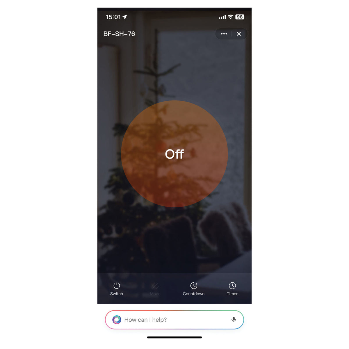 Smartphone app interface for an Igenix Smart Oil Filled Radiator, 2500W, 11 Fin, Portable Electric Heater, White, featuring a heater control screen with an Off button, bottom navigation icons, and a voice assistant prompt.