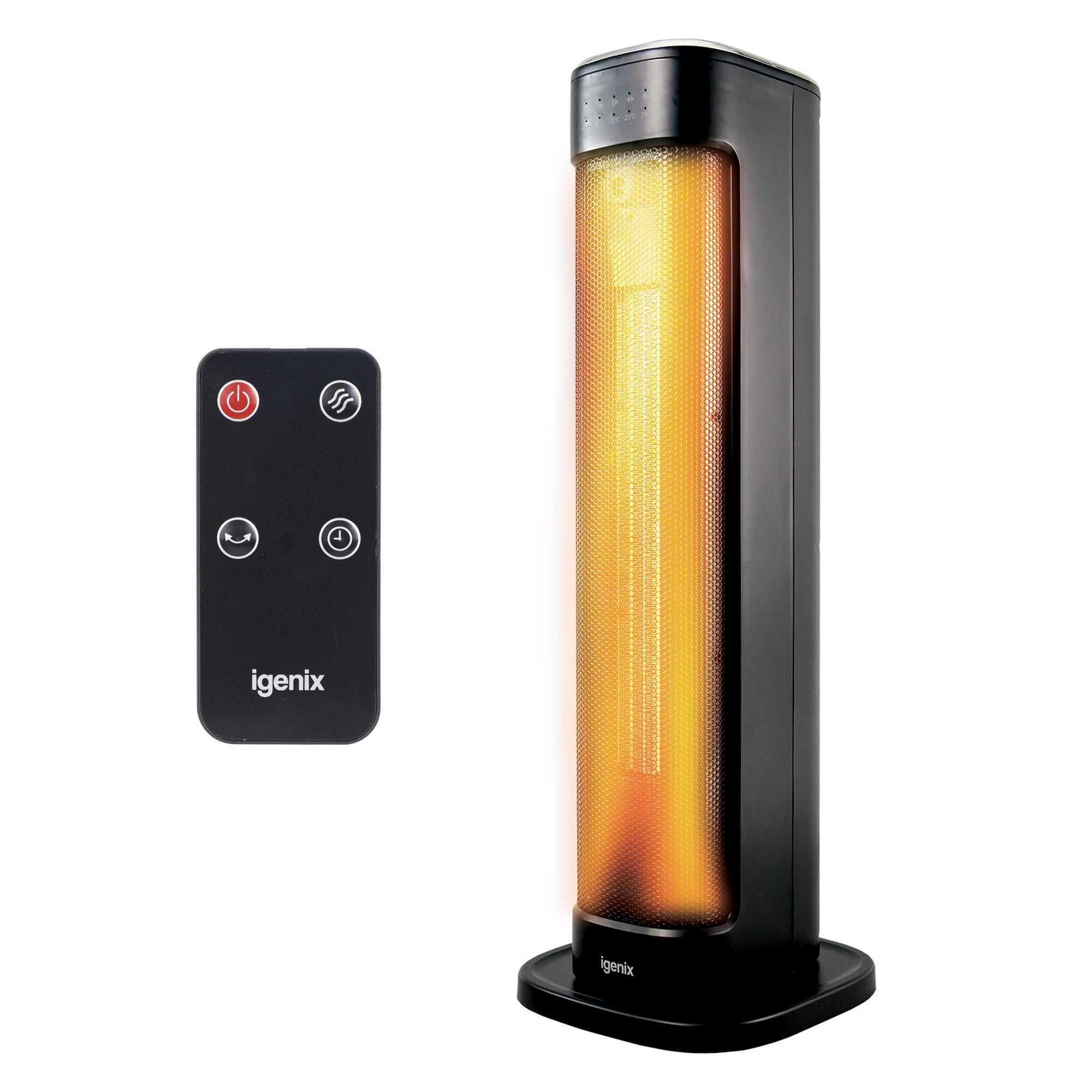 A black Igenix oscillating tower heater with 3 heat settings and a glowing orange heating element is displayed next to a matching black remote control featuring four buttons, with the Igenix brand name visible on both the 2000 W heater and the remote.