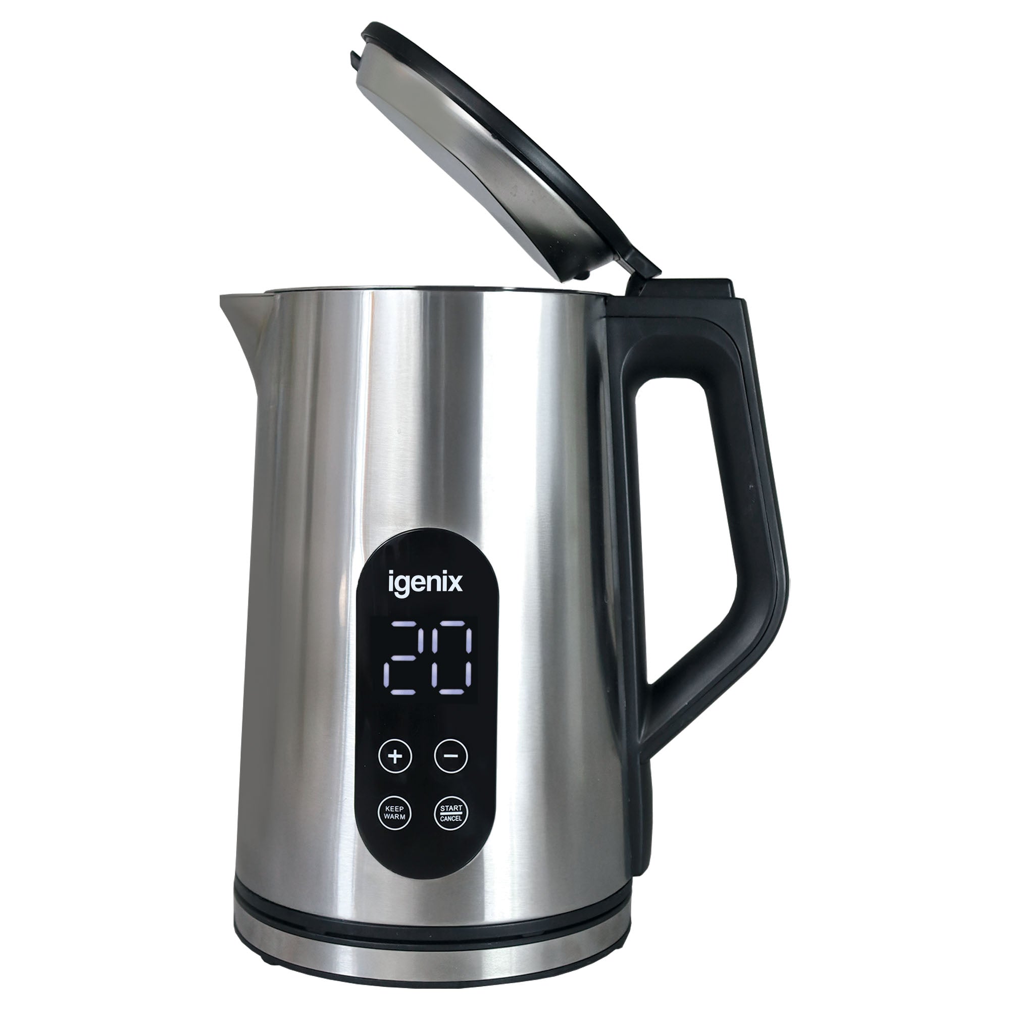 The Igenix 3000W 1.5L Digital Jug Kettle features stainless steel design, rapid boiling, temperature control, a digital display showing 20, touch buttons on the front, black handle, open lid, and the Igenix brand above the display.