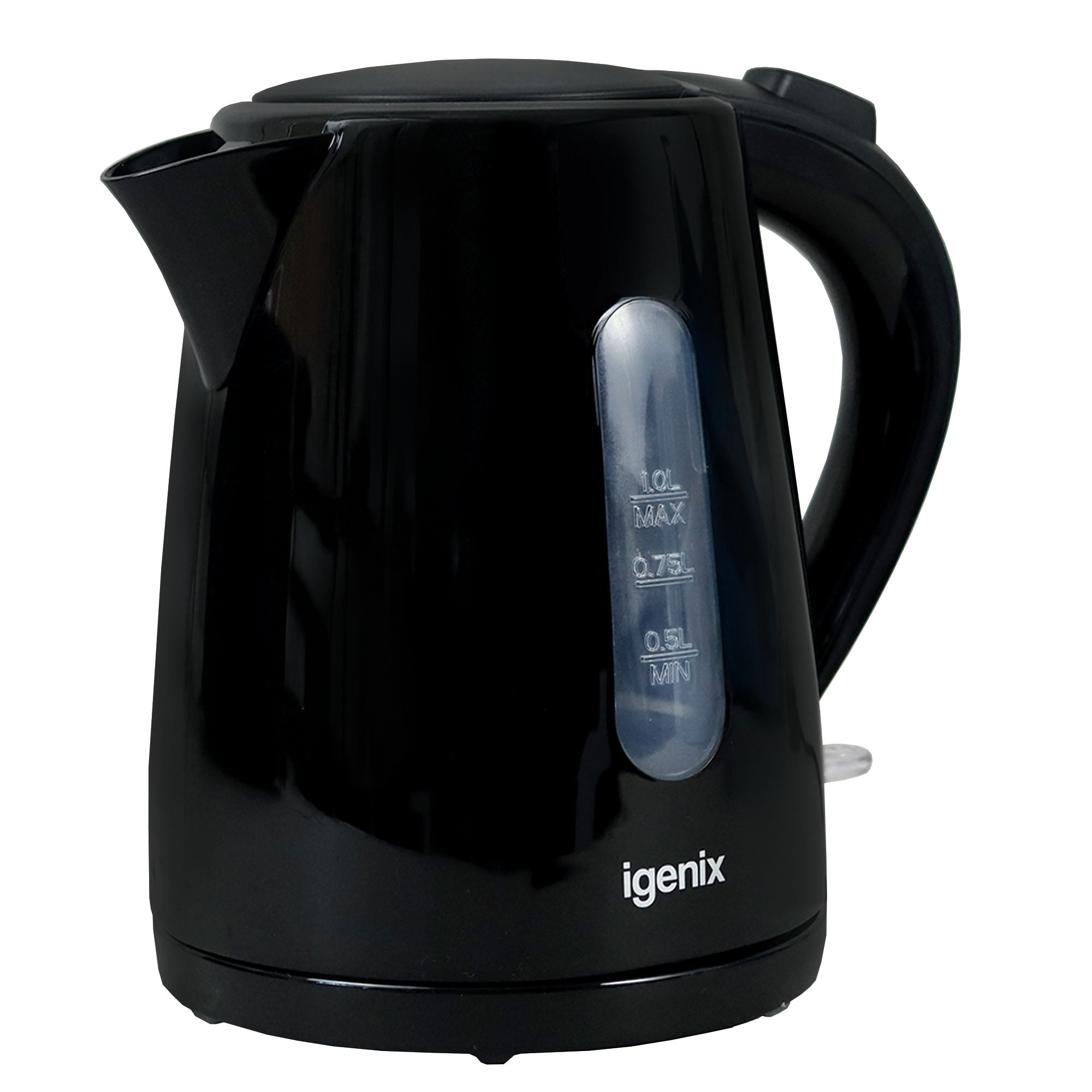 An Igenix 1 Litre Cordless Jug Kettle in black, featuring a 2200W power output, a transparent water level indicator, and a right-side handle, displayed against a white background.