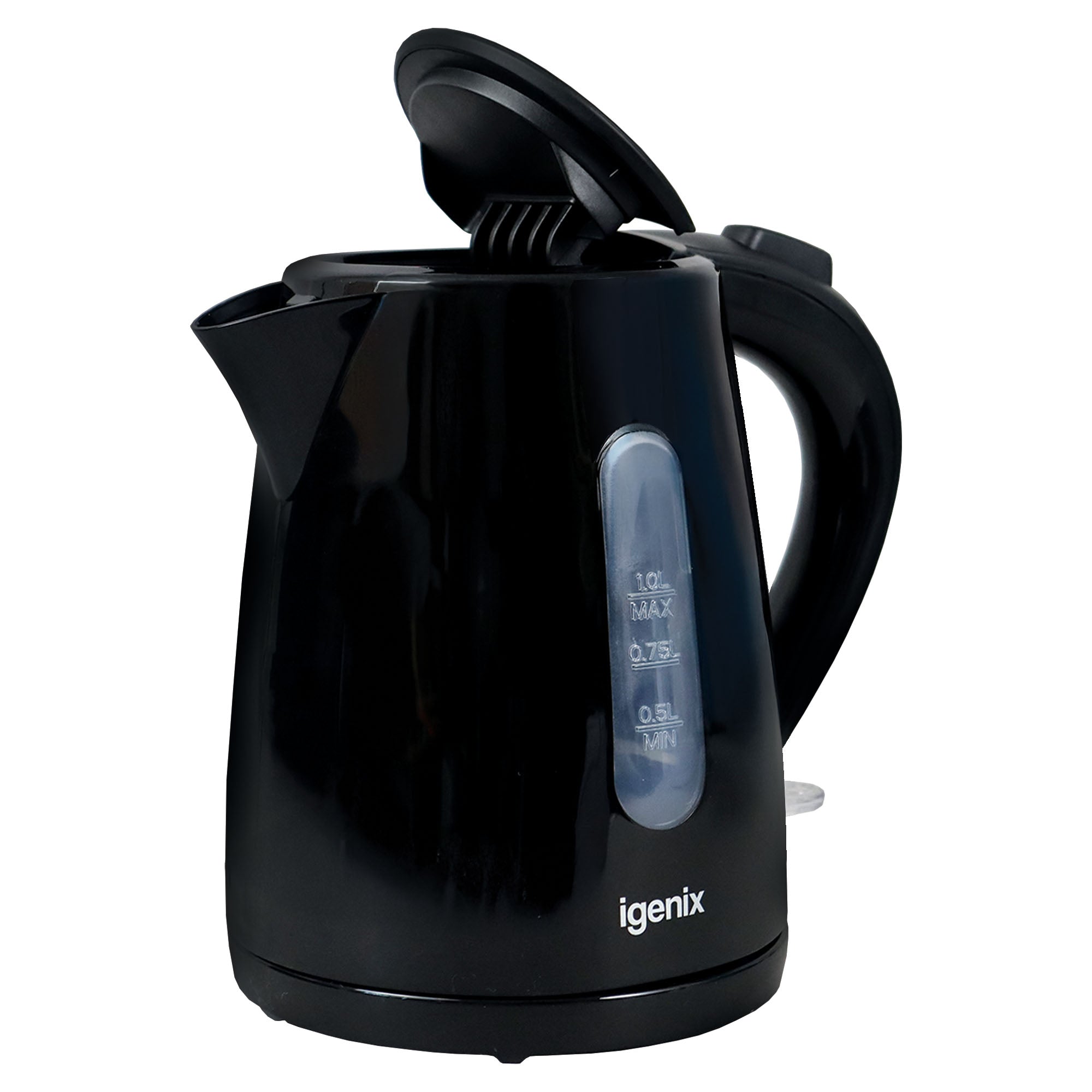 A black Igenix 1 Litre Cordless Jug Kettle features a visible water level window and open lid, offering energy-efficient 2200W performance for everyday use.