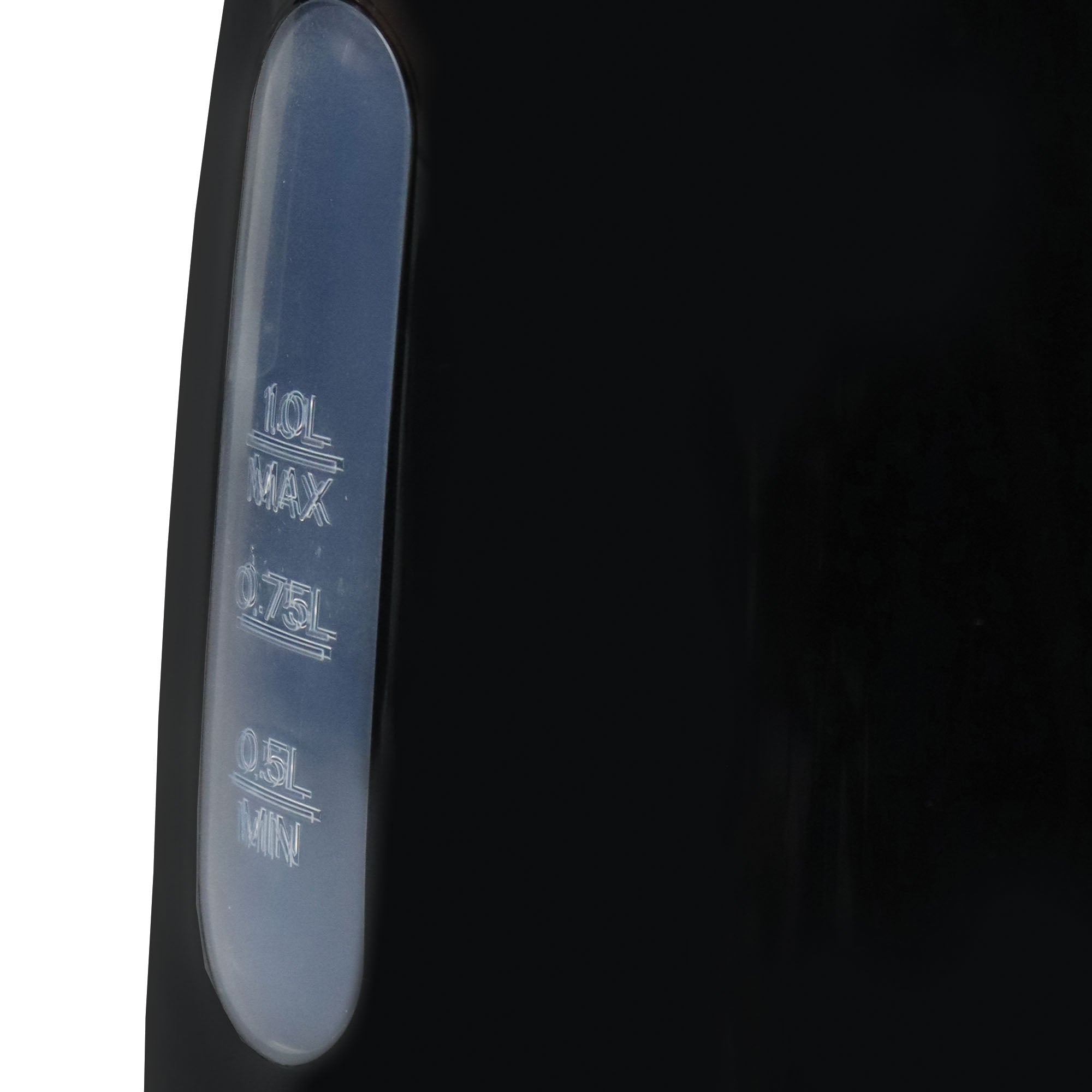 Close-up of the Igenix 1 Litre Cordless Jug Kettle’s water level window, with white markings for 1.0L max, 0.75L, and 0.5L min on its sleek black exterior. Set against a dark background, the measuring scale highlights the kettle’s convenient one-litre capacity and energy-efficient 2200W performance—ideal for everyday use.