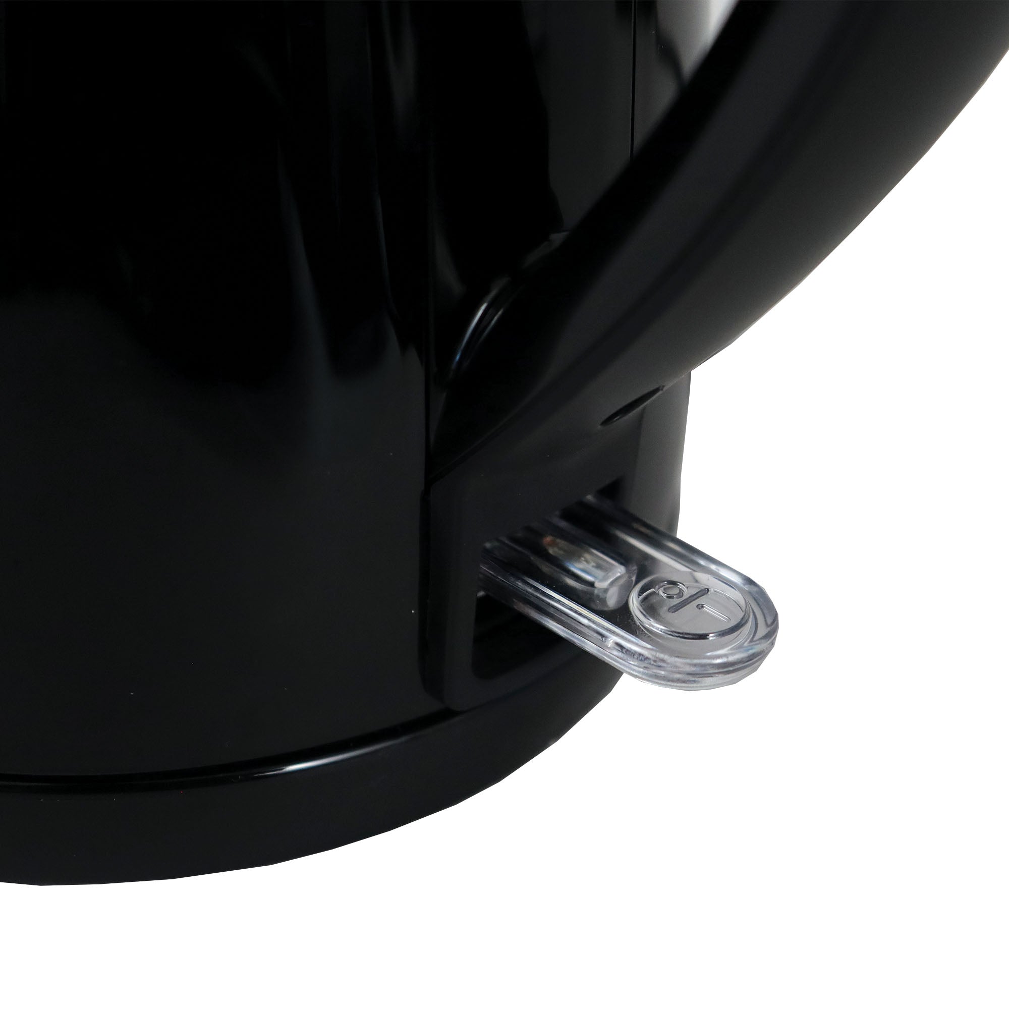 Close-up of the Igenix 1 Litre Cordless Jug Kettle’s black base, highlighting the transparent power switch in the off position. The kettle’s glossy surface reflects light, and only a portion of this 2200W, 1-litre capacity appliance is visible in the image.