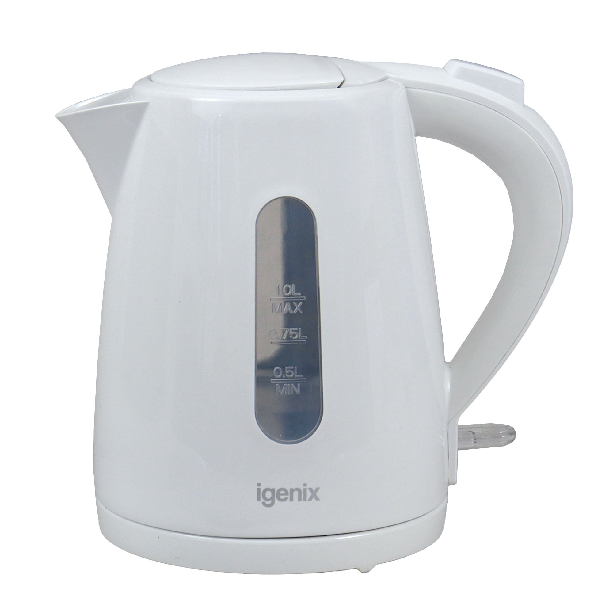 A white Igenix 1 Litre Cordless Jug Kettle, featuring a handle, a water level window with measurements, and the Igenix brand name at the bottom. The spout and lid are visible in the design. This unplugged 2200W kettle offers energy-efficient performance and convenience for everyday use.