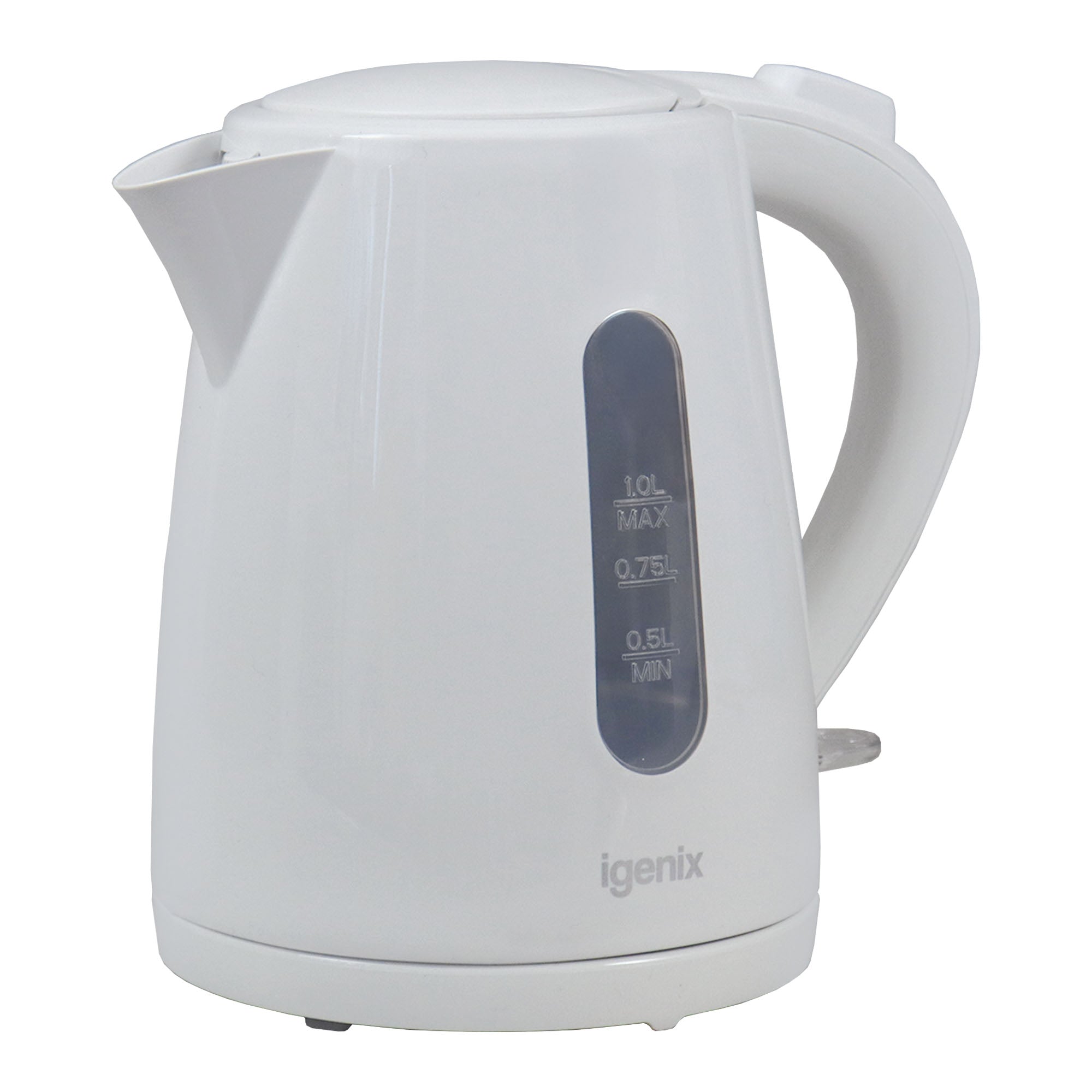The Igenix 1 Litre Cordless Jug Kettle (2200W, White) is an energy-efficient appliance with a side water level indicator marked from 0.5L to 1.0L and a convenient rear handle. The Igenix brand name is displayed near the base, emphasizing its reliable design.