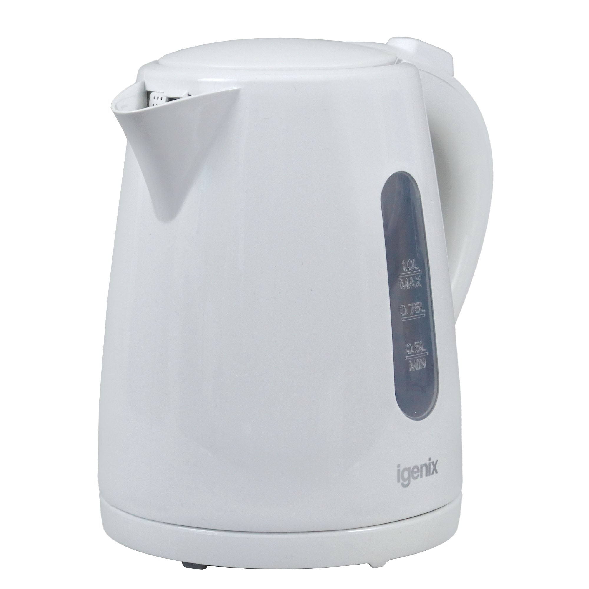 A white Igenix 1 Litre Cordless Jug Kettle with a handle and a water level indicator on the side, positioned on a white surface. This 2200W energy-efficient kettle displays the Igenix brand name near its base.