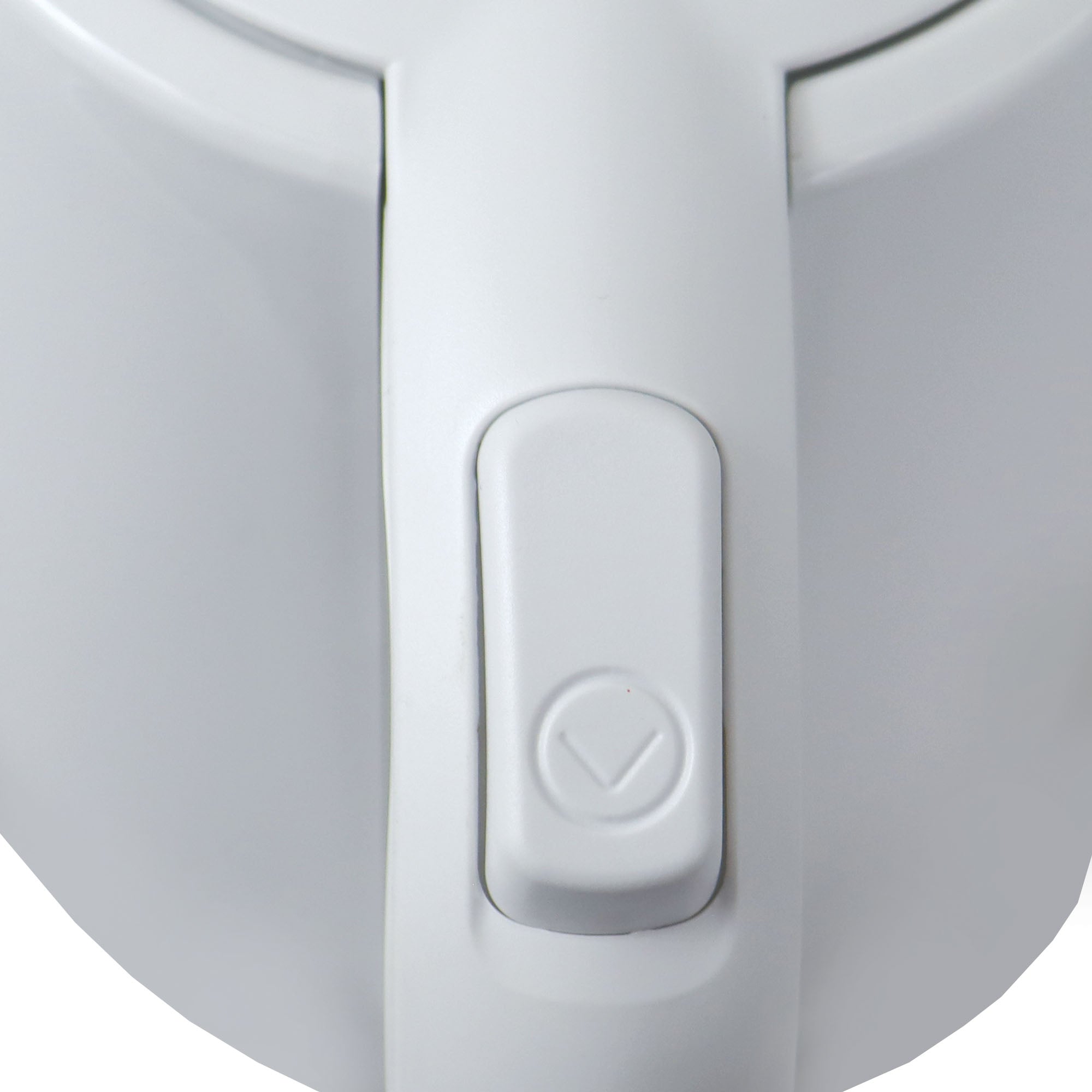 Close-up of the Igenix 1 Litre Cordless Jug Kettle’s white electric lid, featuring a prominent rectangular button with a subtle downward arrow or checkmark symbol—engineered for rapid boiling and energy-efficient performance at 2200W.