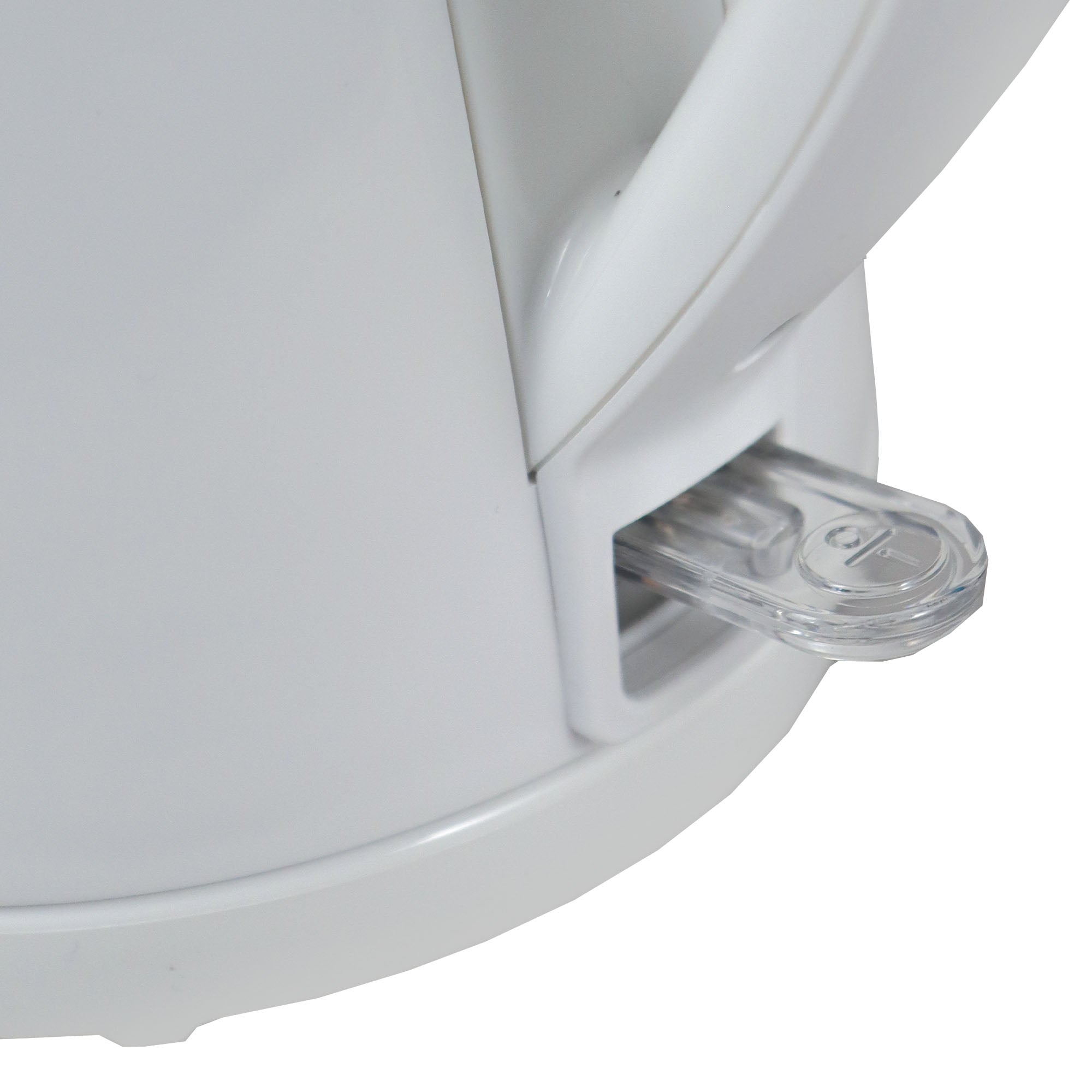 Close-up of the base of the Igenix 1 Litre Cordless Jug Kettle, 2200W in white, featuring a transparent plastic on/off switch in the off position.