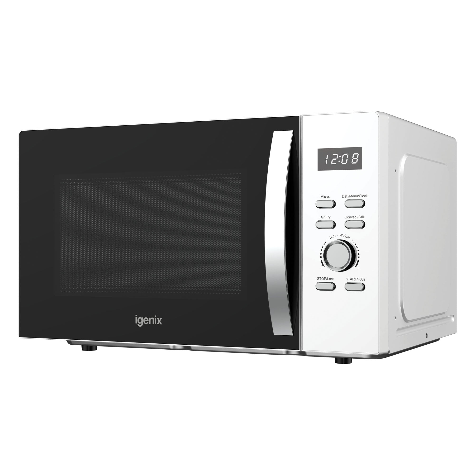 The Igenix Digital Microwave IGMC02580W is a white 25L, 850W appliance with air fryer, 60-min timer, black front door, digital display at 12:08, and right-side buttons plus dial.