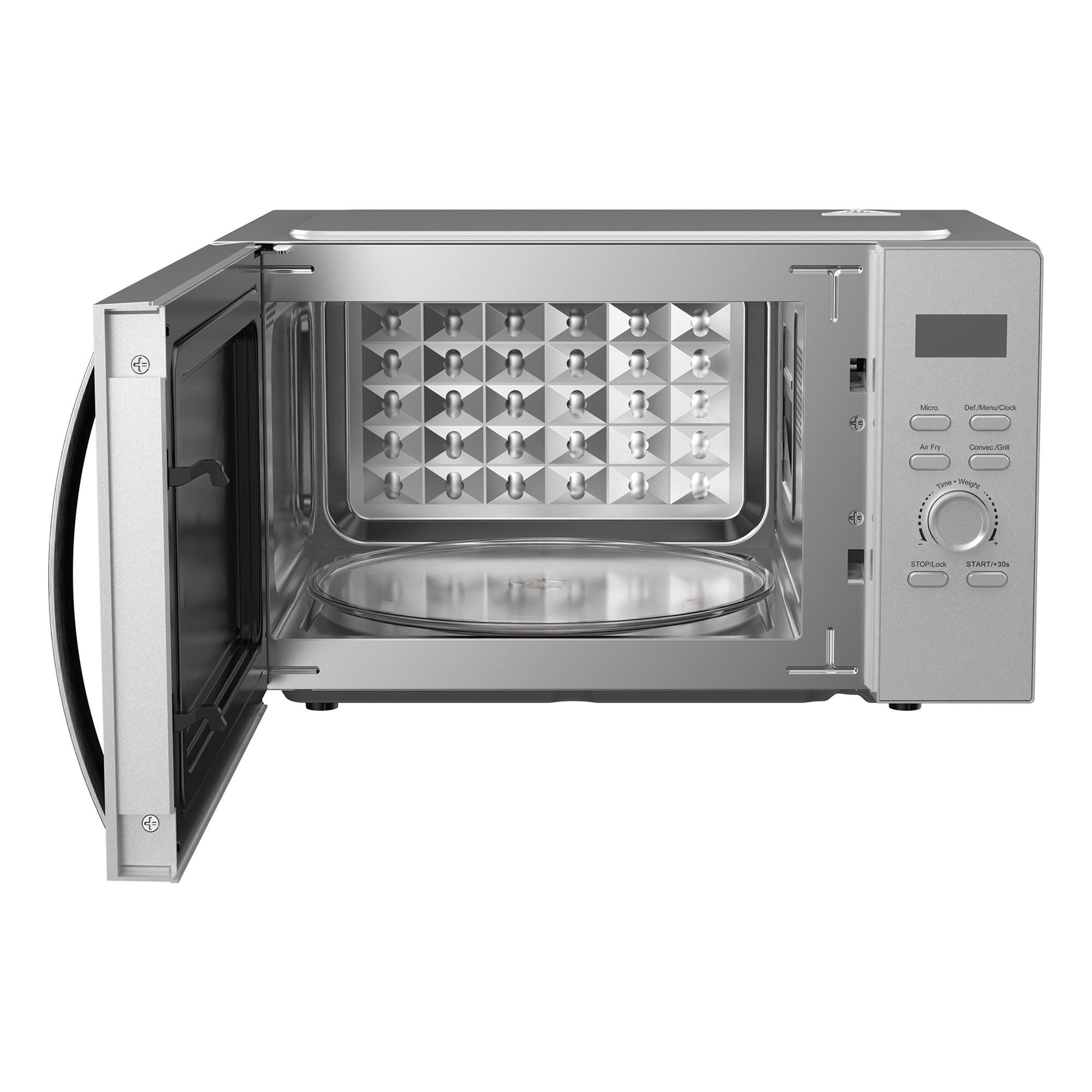 The Igenix IGMC02890S is a 28L, 900W silver microwave with air fryer function. Shown with its door open, it features an empty interior, glass turntable, and right-side control panel with buttons, knob, and digital display.