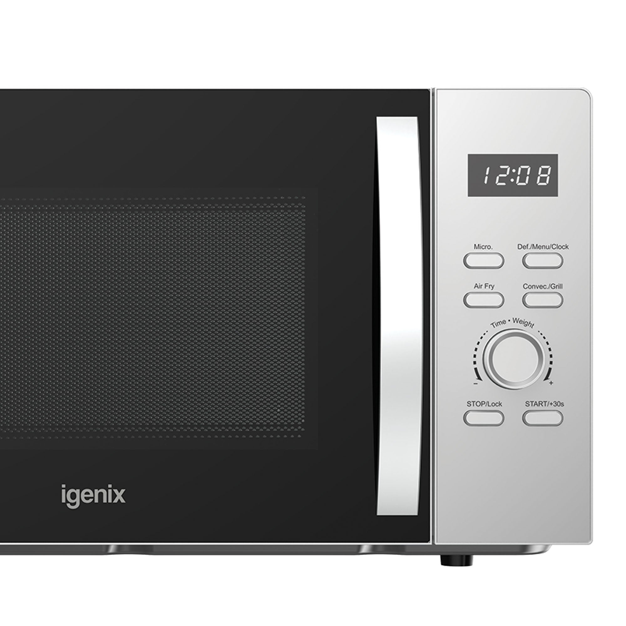 The Igenix Microwave with Air Fryer Function (28L, 900W, Silver, IGMC02890S) features a digital clock displaying 12:08, several control buttons, two dials, and a mesh window on the door.