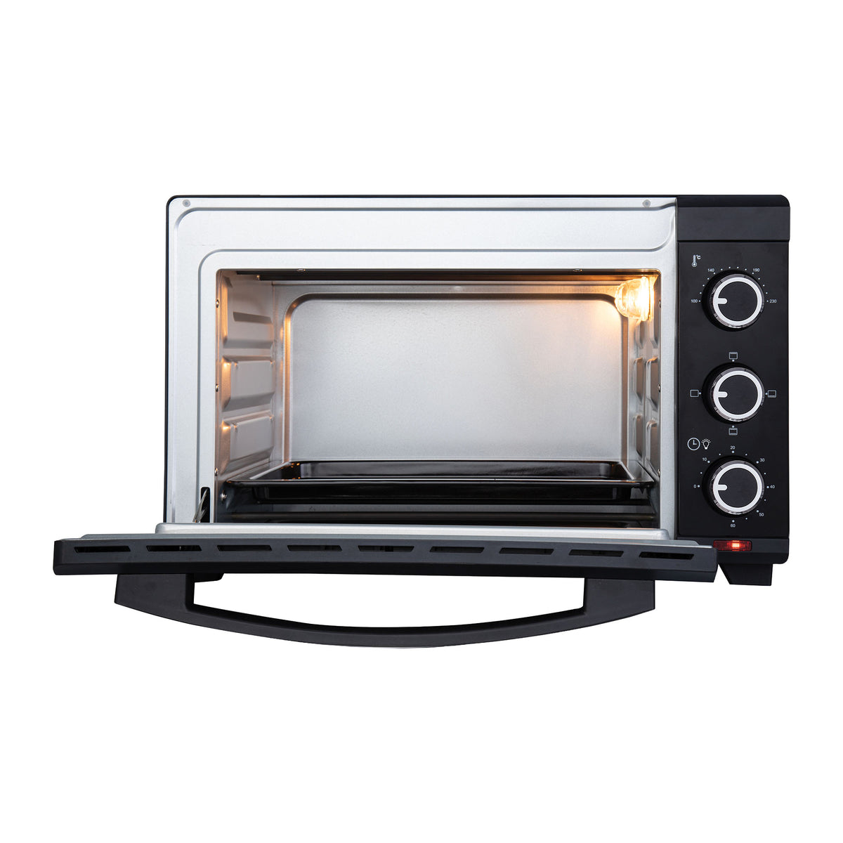 Igenix 25L Mini Oven in black with the door open, showing an internal light, a baking tray, and three control dials on the right side.