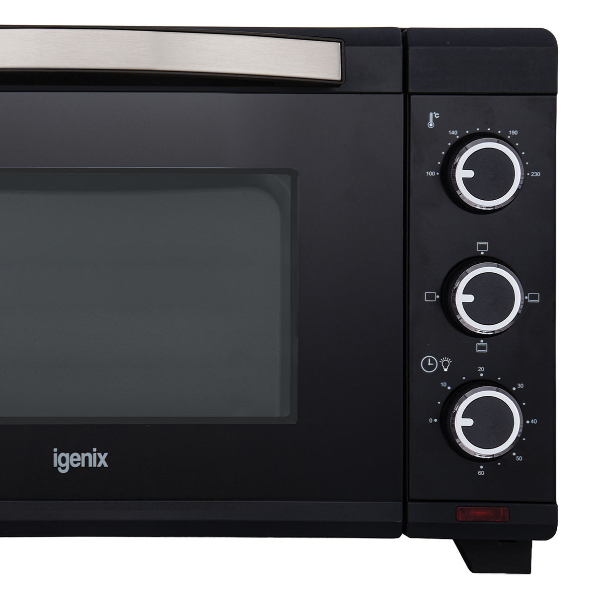 Close-up of an Igenix 25L Mini Oven, Black, featuring three control dials on the right side for temperature, heating mode, and timer.