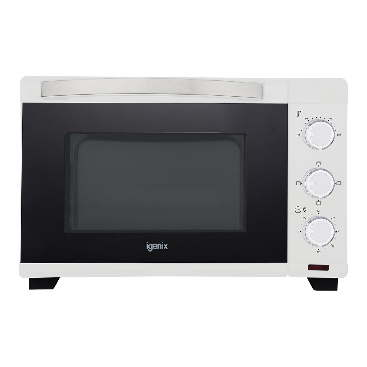 Igenix 25L Mini Oven, White, featuring a compact design with a black glass door, three rotary control dials, and a timer on the right side.