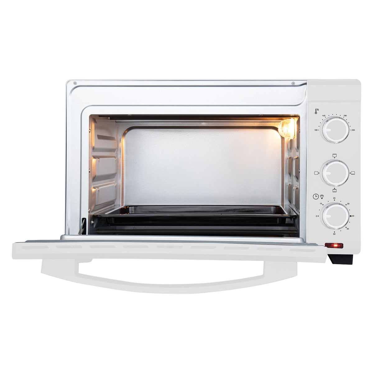 White Igenix 25L Mini Oven with the door open and interior light on, showing a baking tray inside and three control dials on the side of this compact kitchen oven.