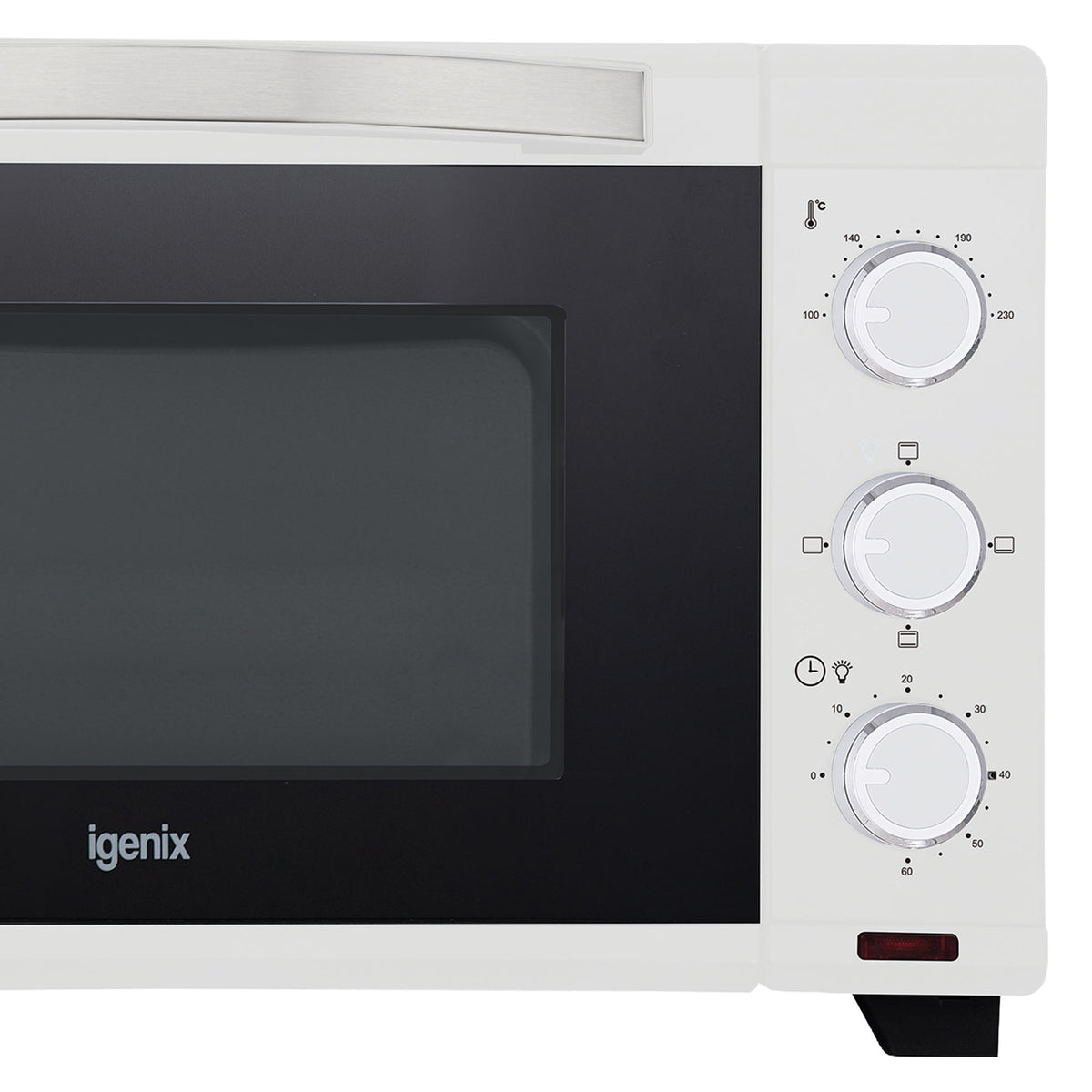 Close-up of a white Igenix 25L Mini Oven with a black glass door and three control dials on the right for temperature, heating modes, and a timer.