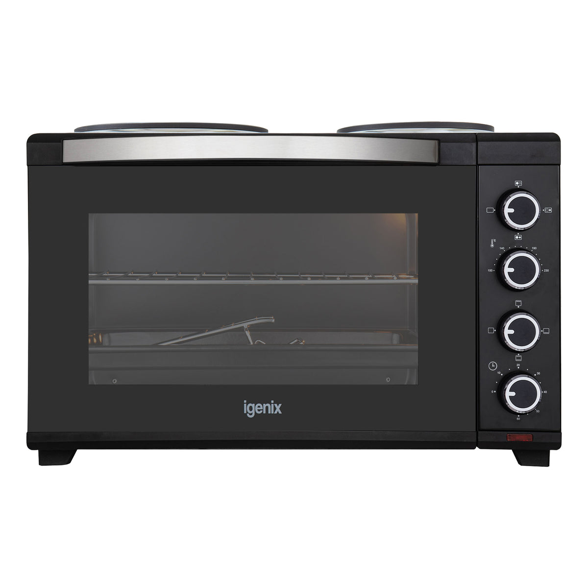 The Igenix 30L Mini Oven With Hotplates, in black, features a glass door, four control knobs on the right side, and double hotplates on top. This compact kitchen appliance includes an interior rack and tray for versatile cooking options.