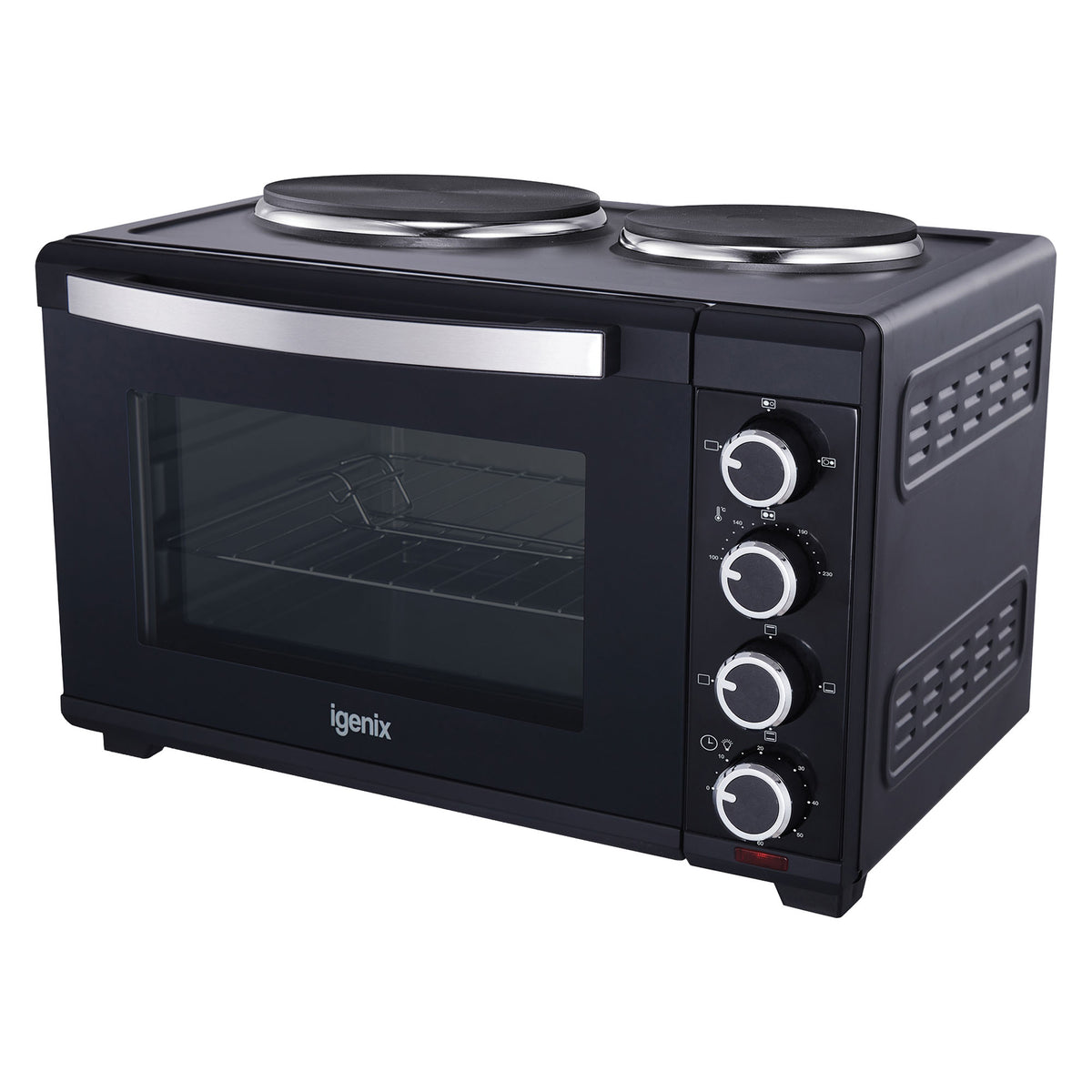 The Igenix 30L Mini Oven With Hotplates in black is a compact kitchen appliance featuring a glass door, four control knobs, and double hotplates on top. It comes equipped with a metal rack inside and side ventilation holes for efficient heat dissipation. The Igenix brand name is prominently displayed on the front.