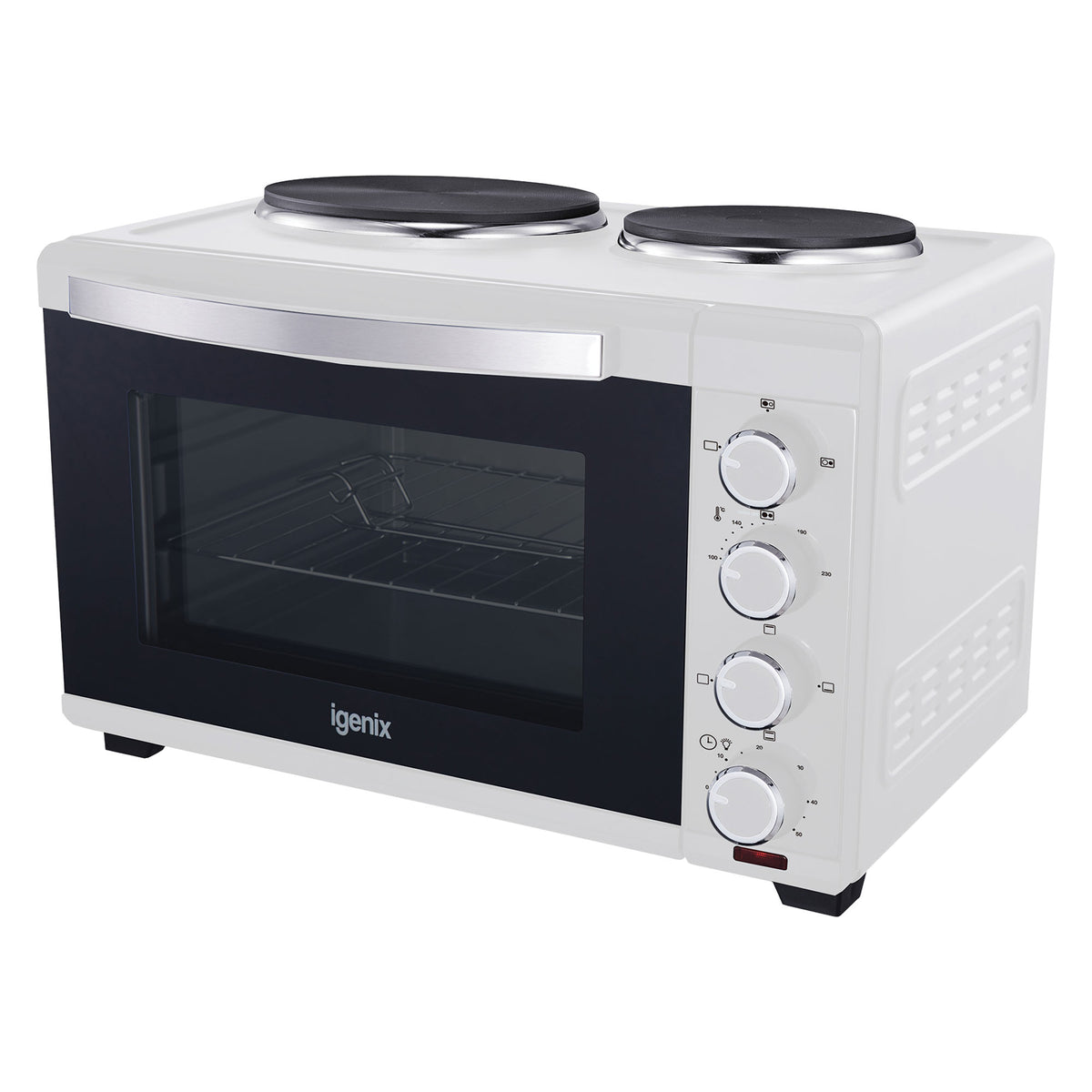 The Igenix 30L Mini Oven With Hotplates in white features double hotplates on top, four control knobs on the right, a transparent oven door, and a wire rack inside. This compact kitchen appliance is designed with side vent holes for efficient cooling.