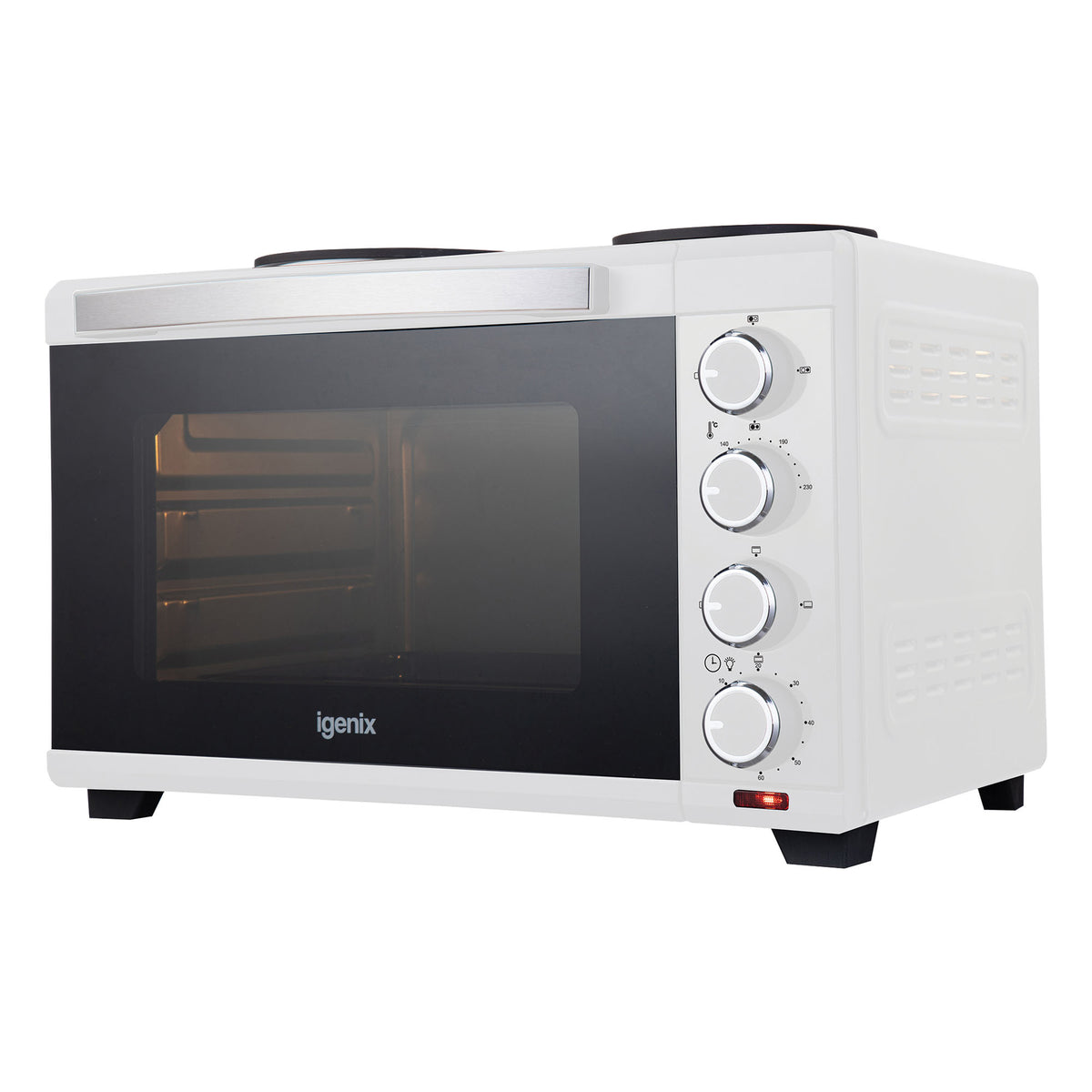 The Igenix 30L Mini Oven With Hotplates in white features a glass door, four control knobs on the right side, a silver handle, and two black double hotplates on top.