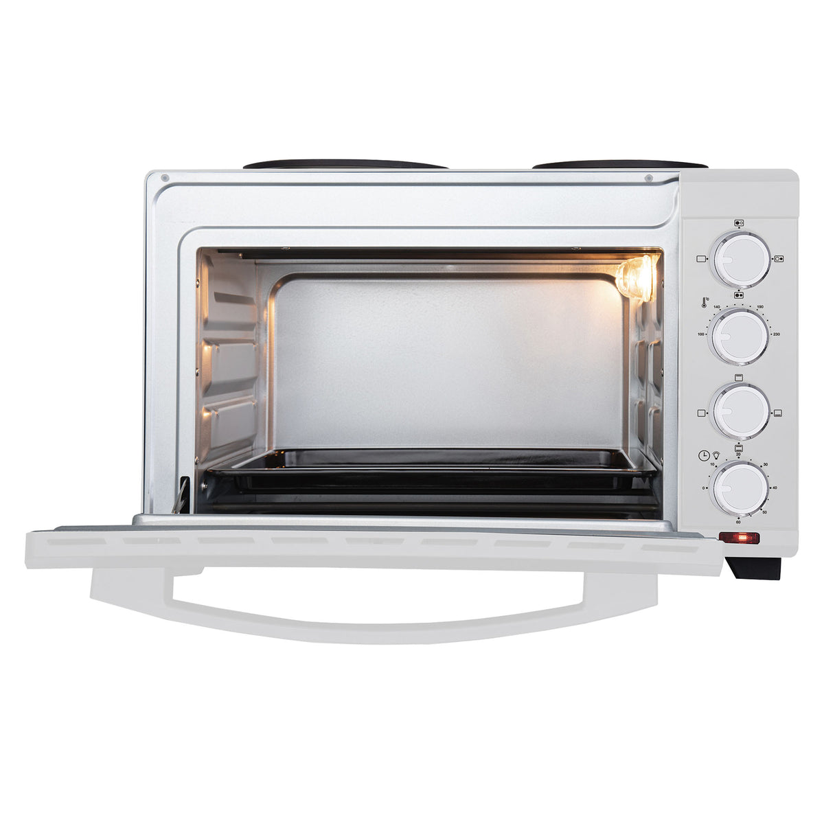 An Igenix 30L Mini Oven With Hotplates in white is shown with its door open, interior light illuminated, and four control knobs on the right side. A baking tray sits inside the oven, making this compact appliance ideal for versatile cooking in small kitchens or limited spaces.