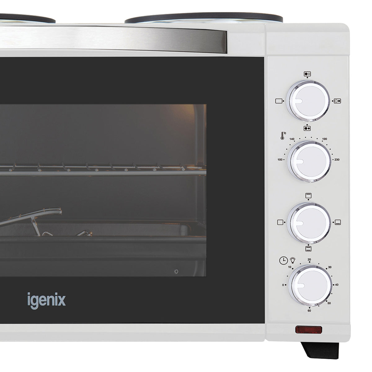 Close-up of the Igenix 30L Mini Oven With Hotplates in white, highlighting its door, interior racks, and four control dials on the right side for temperature and settings—a compact and versatile kitchen appliance perfect for any space.