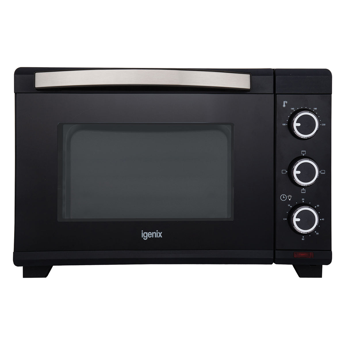 Black 30L Mini Oven by Igenix with a glass door, three rotary control knobs on the right side, and a silver handle.