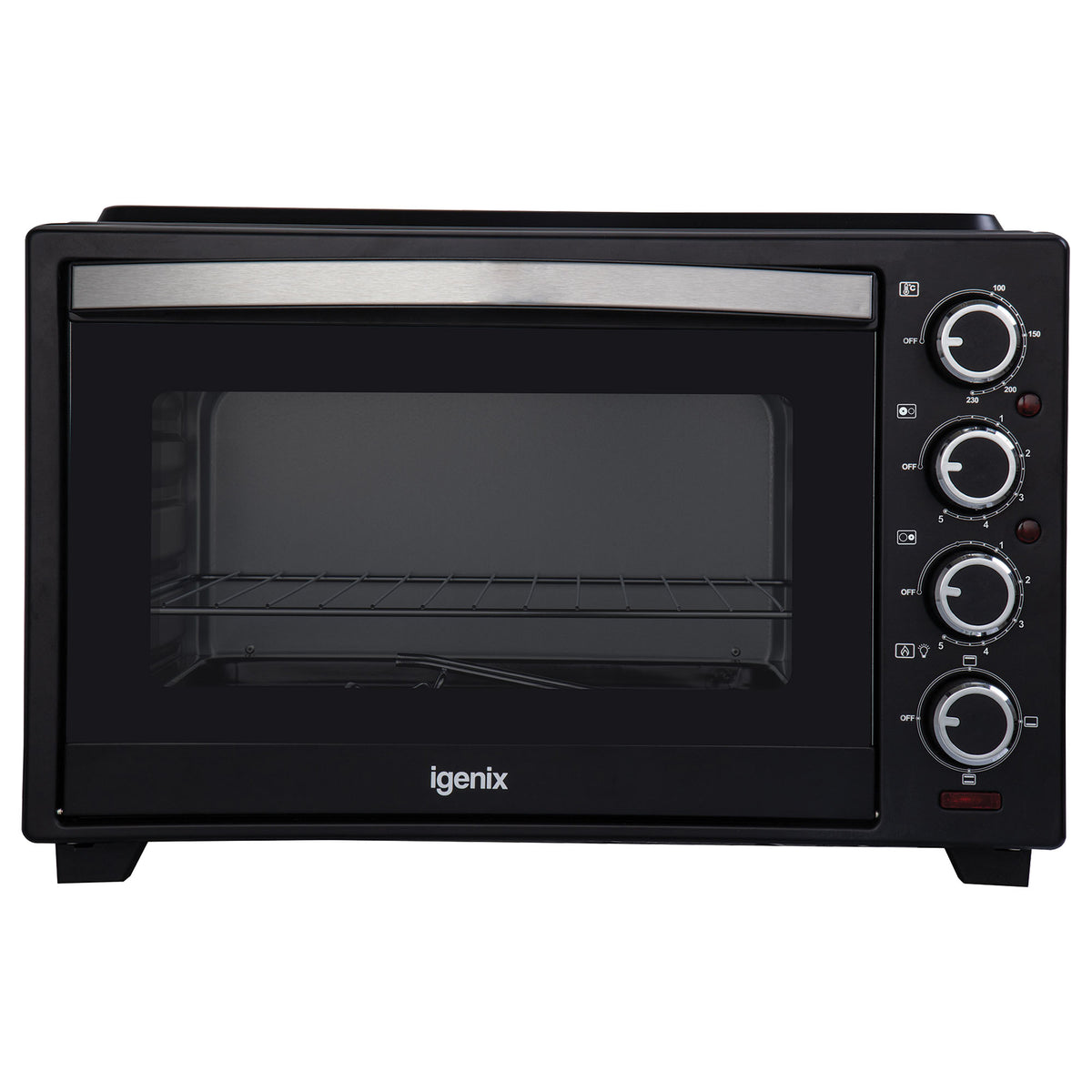 Black 38L Mini Oven with Ceramic Hotplates, Igenix, featuring a glass door, interior rack, and four control dials on the right side.