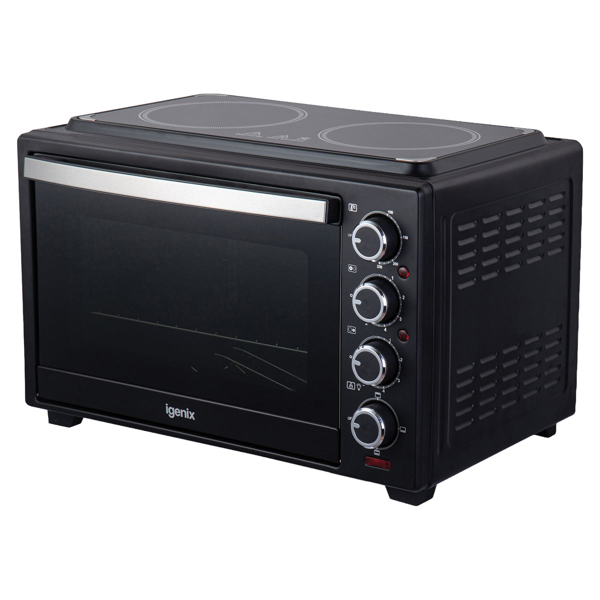 Igenix 38L Mini Oven with Ceramic Hotplates, Black, featuring a glass door, four front control dials, and two circular hotplates on the top surface.