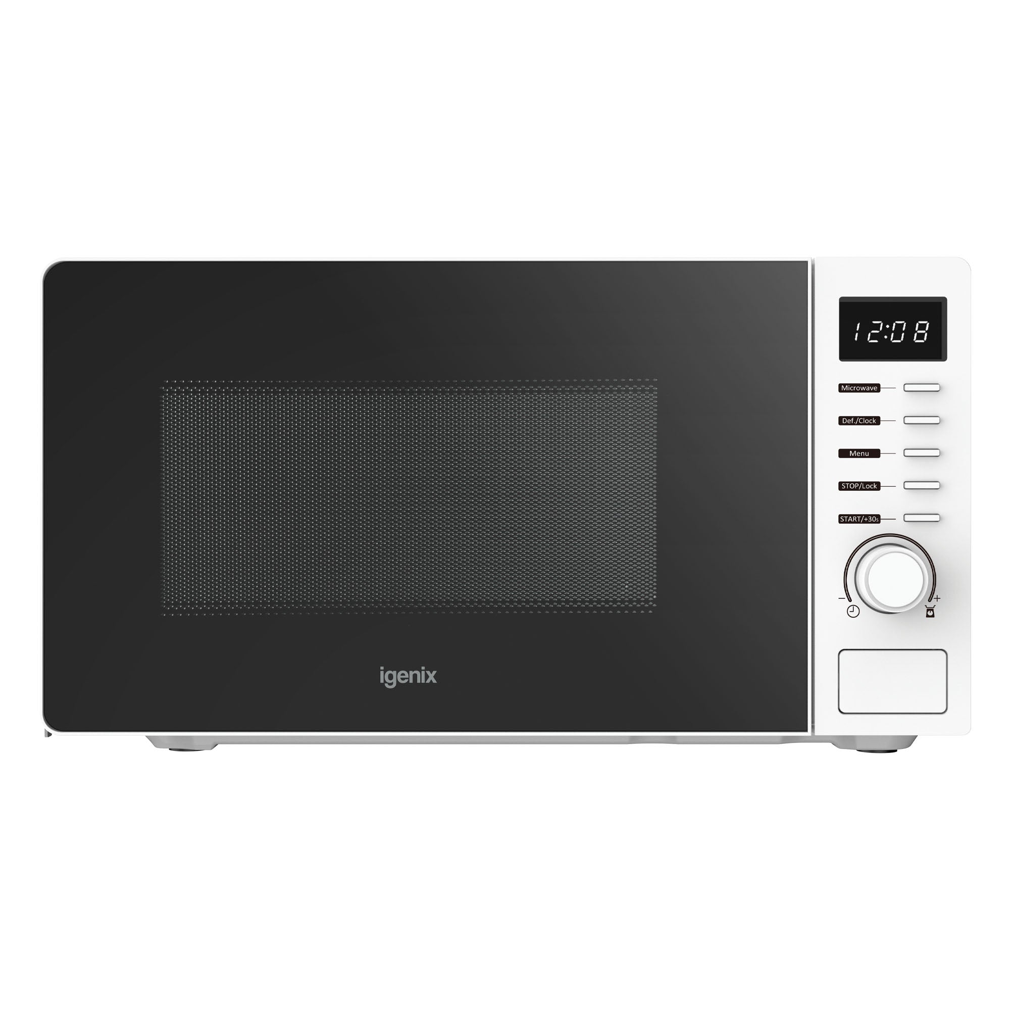 The Igenix IGMS02070W is a white 20L 700W digital microwave with a black front, 8 functions, 5 power levels, digital display (12:08), buttons and control dial on the right, shown on a plain white background.