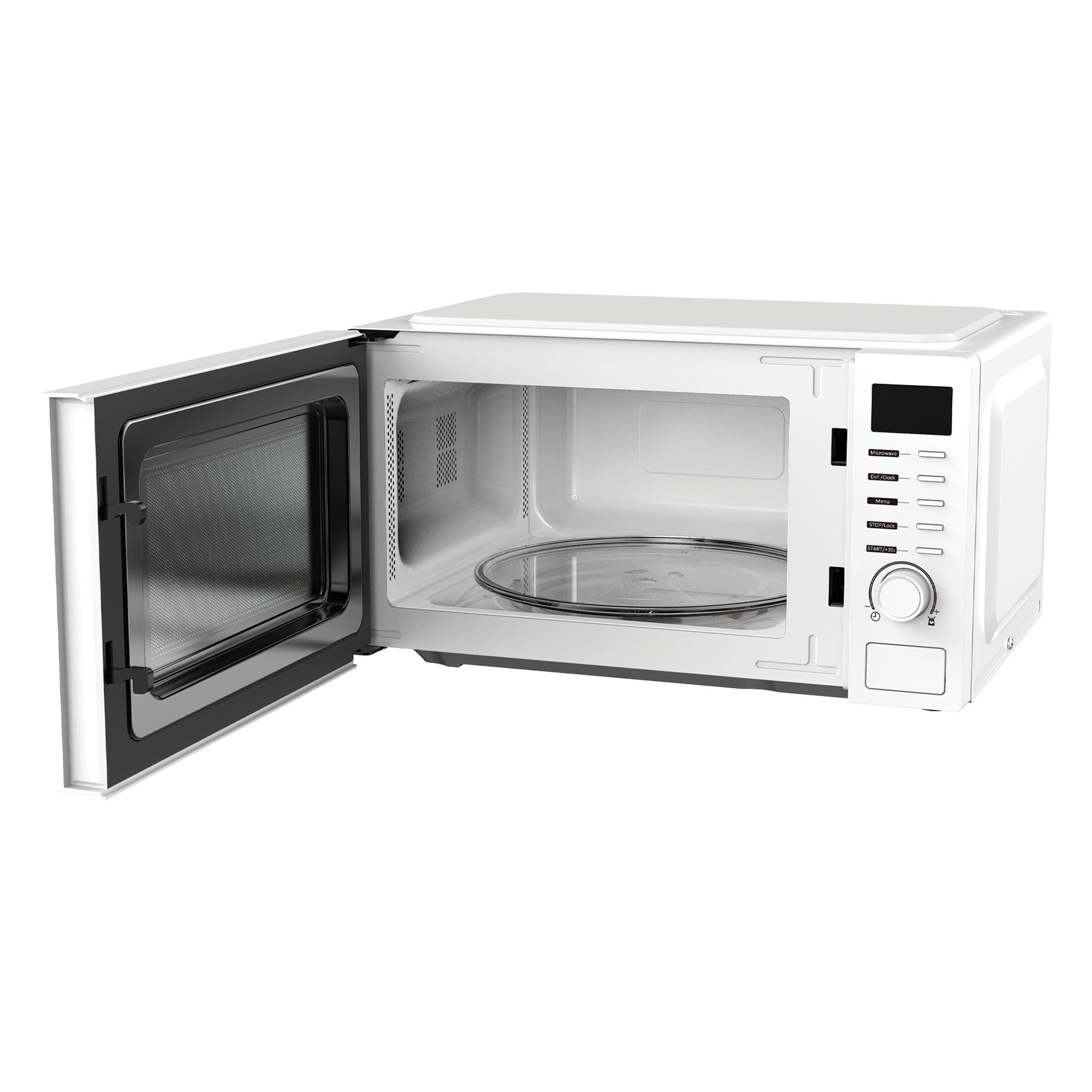 The Igenix IGMS02070W is a white 20L 700W digital microwave, shown with its door open to reveal an empty interior and glass turntable. The right side displays the control panel with buttons and a dial. Features include 8 functions and 5 power levels.