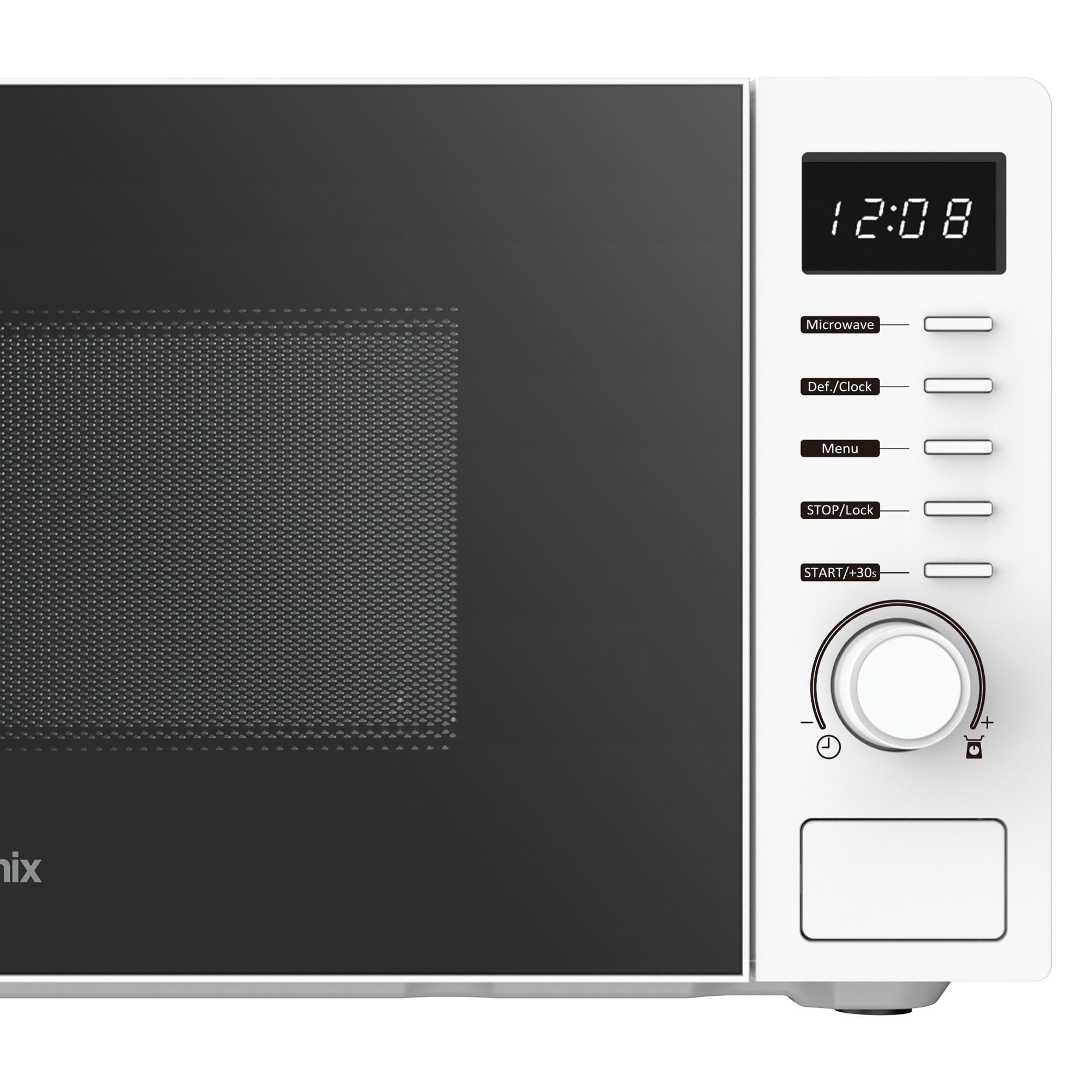 A close-up of the Igenix 20L 700W Digital Microwave IGMS02070W reveals its digital display at 12:08, buttons, control knob, and part of the black mesh window on the glass door. Features include 8 functions and 5 power levels.