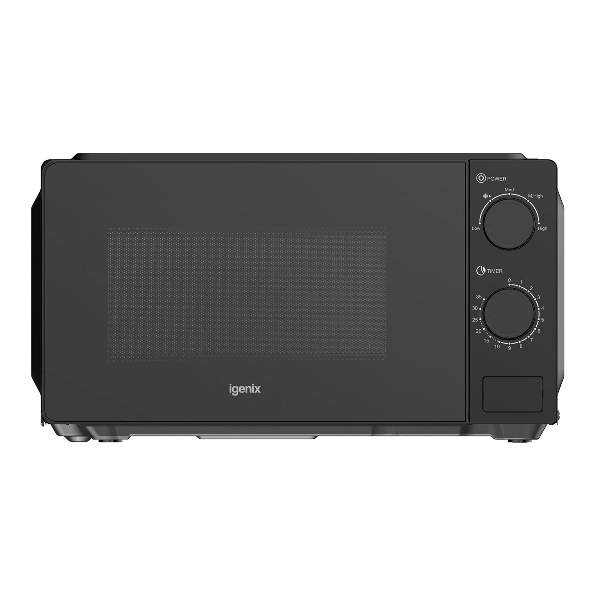 The Igenix IGMS02071B is a black 20L manual microwave with a front glass door, two control dials for power and timer (up to 35 minutes), a push button, and delivers reliable 700W performance.
