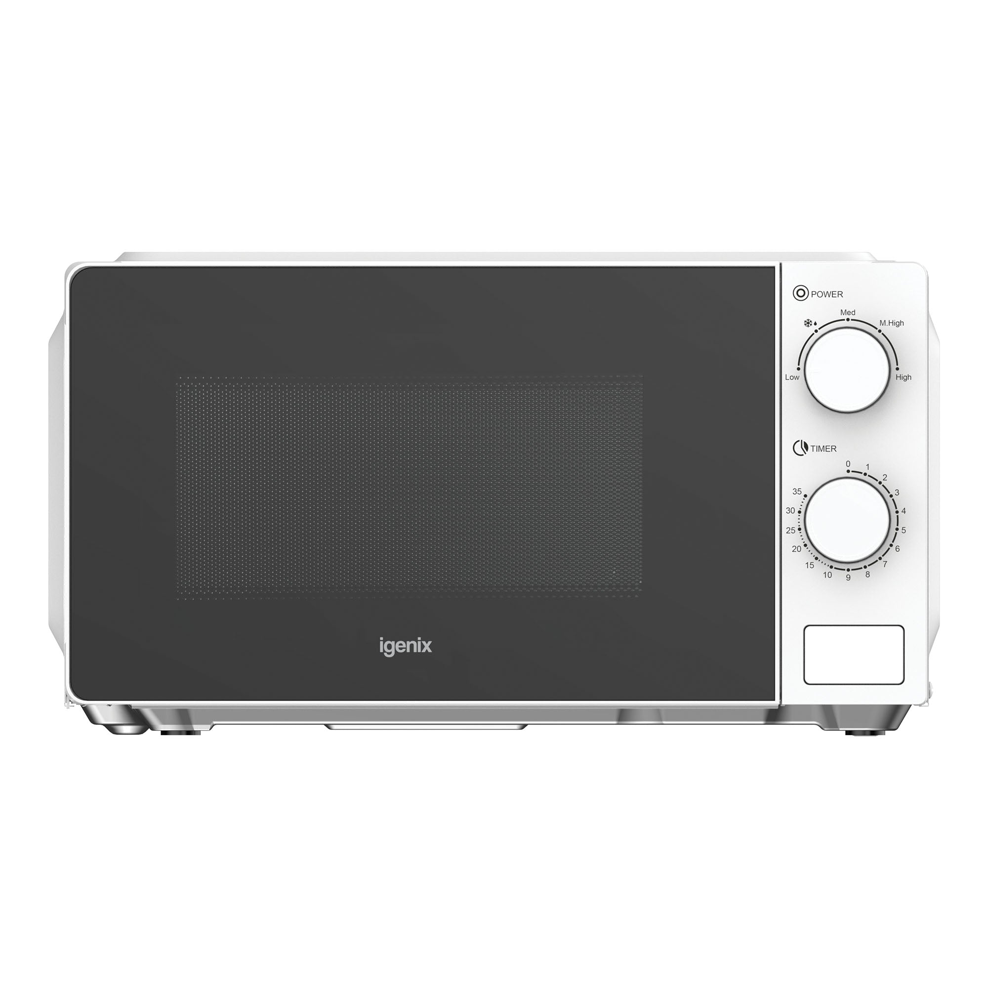 The Igenix IGMS02071W is a white manual microwave (700W, 20L) with a black front, viewing window, and two right-side dials for power and 35-minute timer settings.