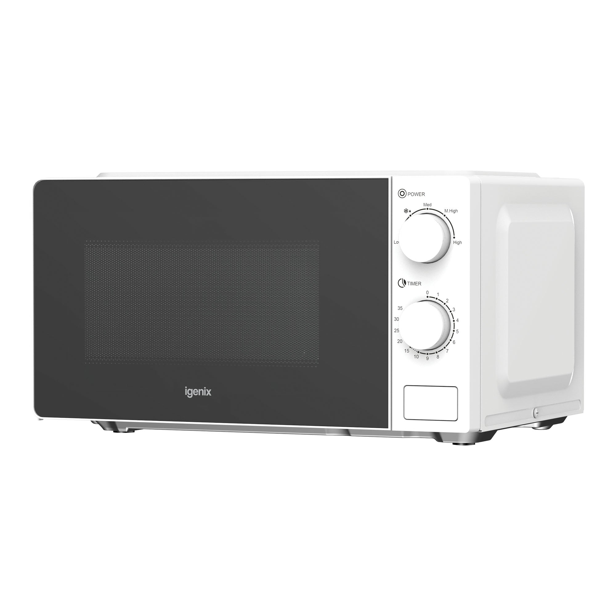 The Igenix IGMS02071W is a white 700W manual microwave with a 20L capacity, 35-minute timer, black front, and two control dials for power and timer.
